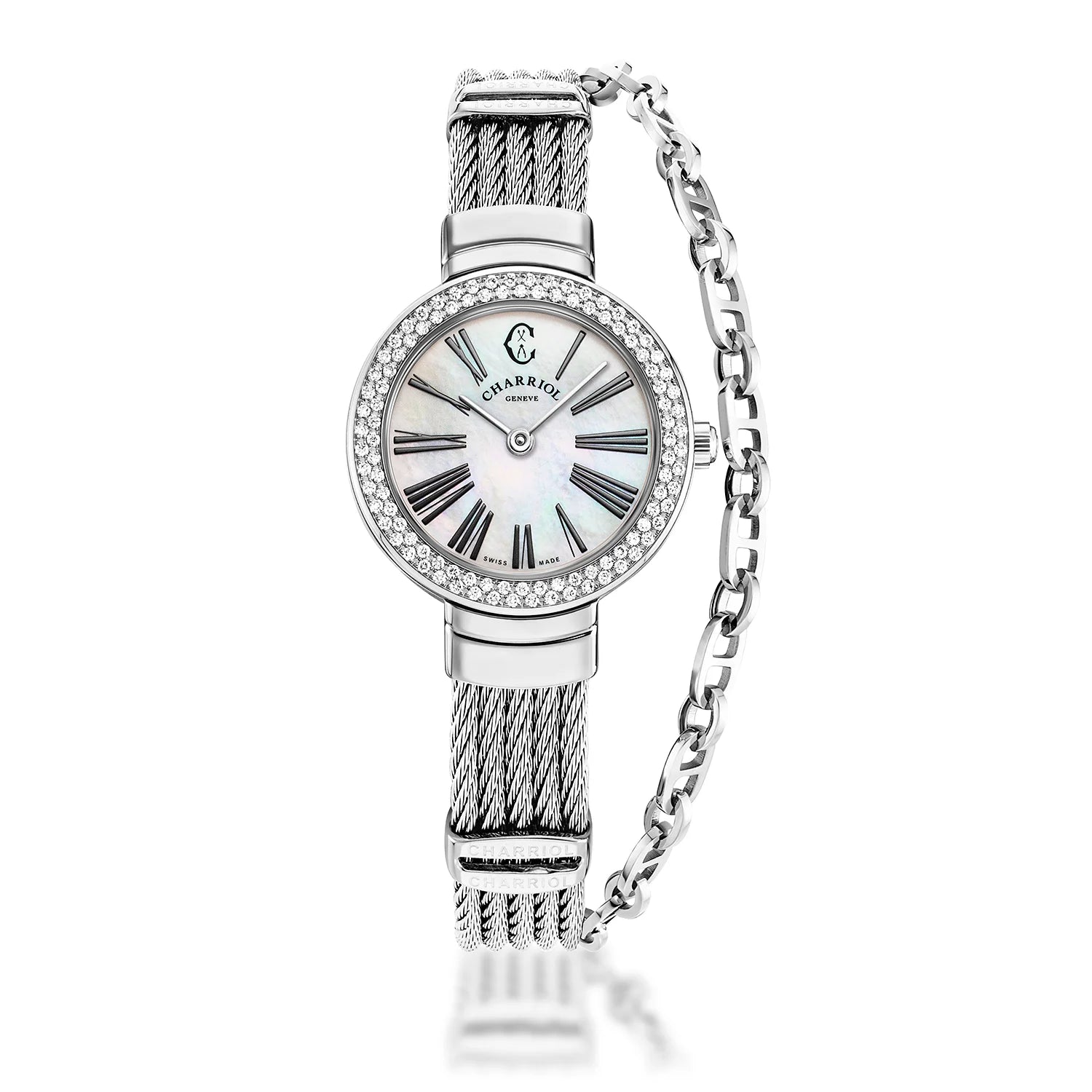 ST TROPEZ, 25MM, QUARTZ CALIBRE, WHITE MOTHER-OF-PEARL WITH ROMAN NUMERALS DIAL, STEEL WITH 104 DIAMONDS BEZEL, STEEL CABLE BRACELET - Charriol Geneve -  Watch