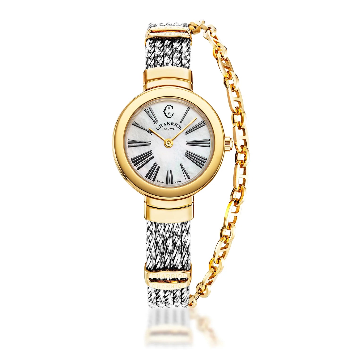 ST TROPEZ, 25MM, QUARTZ CALIBRE, MOTHER-OF-PEARL DIAL, YELLOW GOLD PVD BEZEL, STEEL CABLE BRACELET