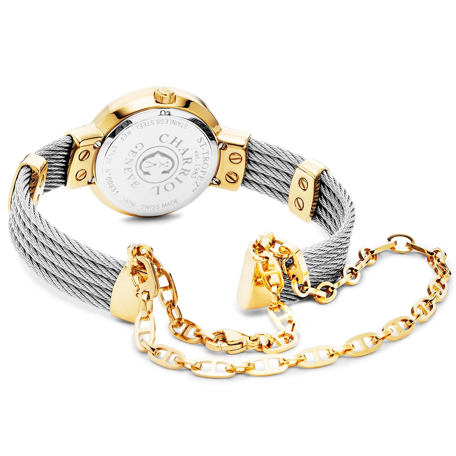 ST TROPEZ, 25MM, QUARTZ CALIBRE, MOTHER-OF-PEARL DIAL, YELLOW GOLD PVD BEZEL, STEEL CABLE BRACELET - Charriol Geneve -  Watch