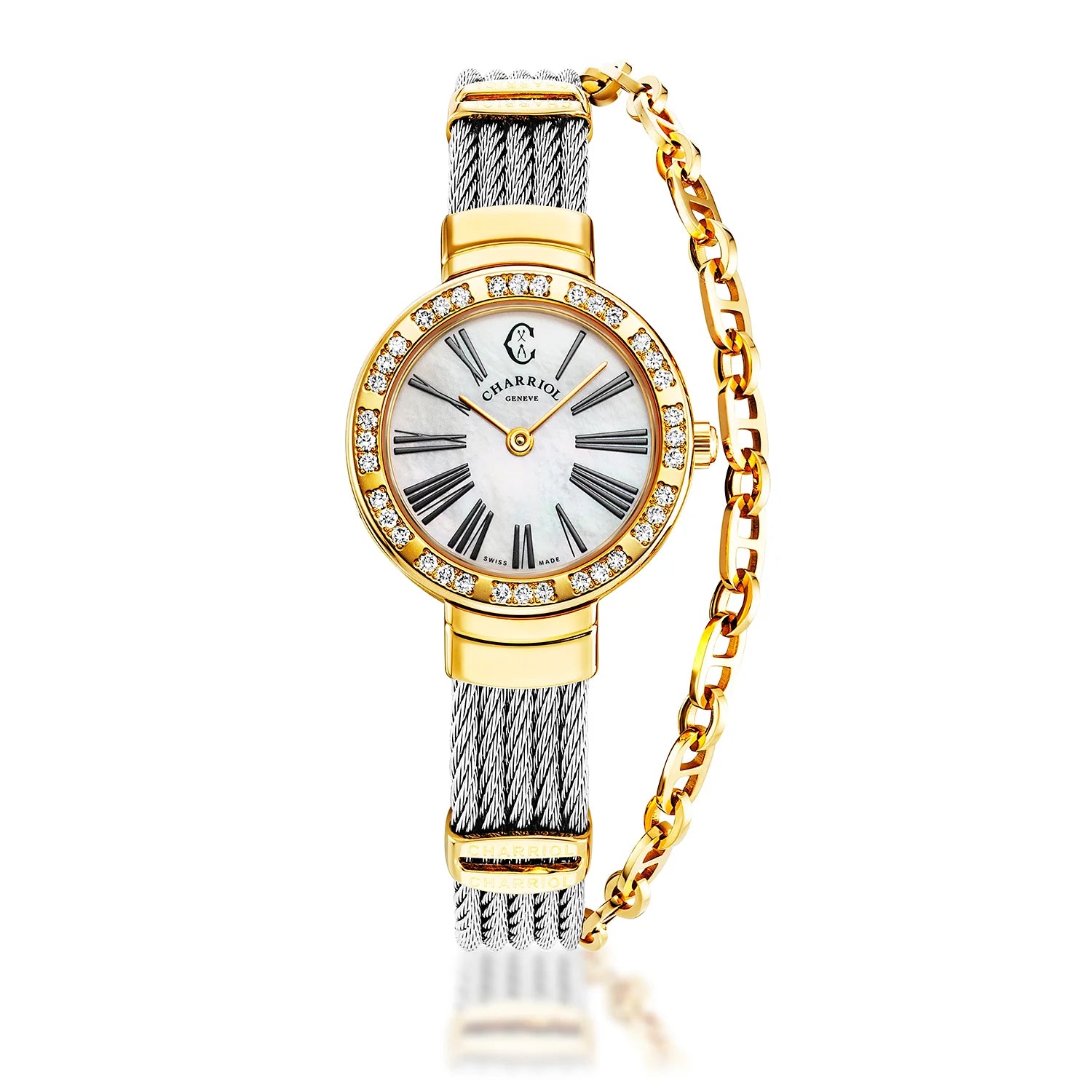 ST TROPEZ, 25MM, QUARTZ CALIBRE, MOTHER-OF-PEARL DIAL, YELLOW GOLD PVD WITH 36 DIAMONDS BEZEL, STEEL CABLE BRACELET