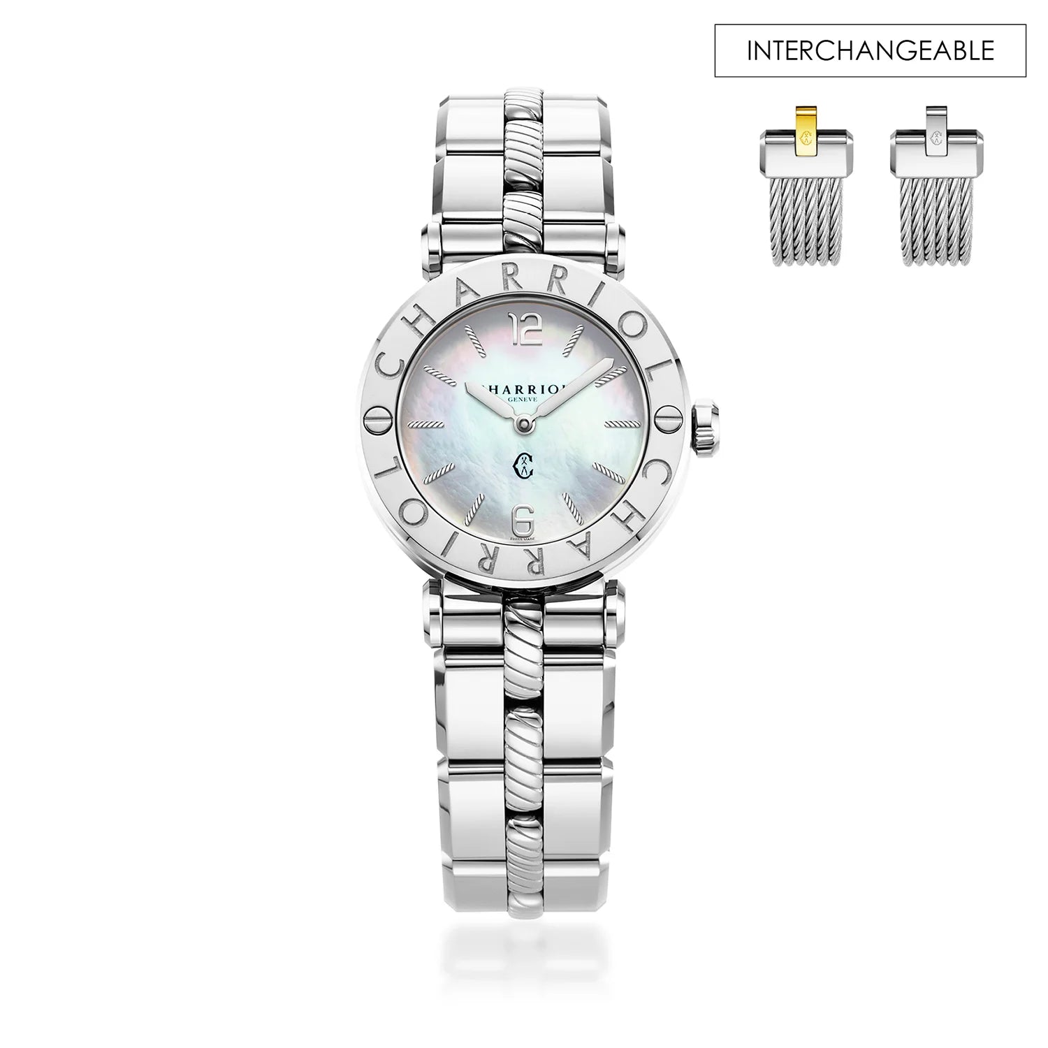 NAVIGATOR CRUISE, 28MM, QUARTZ CALIBRE, MOTHER-OF-PEARL DIAL, ""CHARRIOL CHARRIOL"" BEZEL, STEEL INTERCHANGEABLE BRACELET" - Charriol Geneve -  Watch