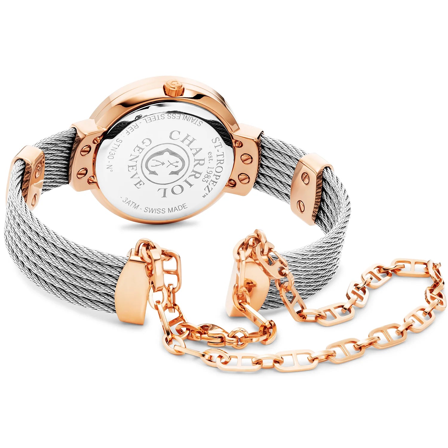 ST TROPEZ, 30MM, QUARTZ CALIBRE, WHITE MOTHER-OF-PEARL DIAL, ROSE GOLD PVD WITH 32 DIAMONDS BEZEL, STEEL CABLE BRACELET - Charriol Geneve -  Watch