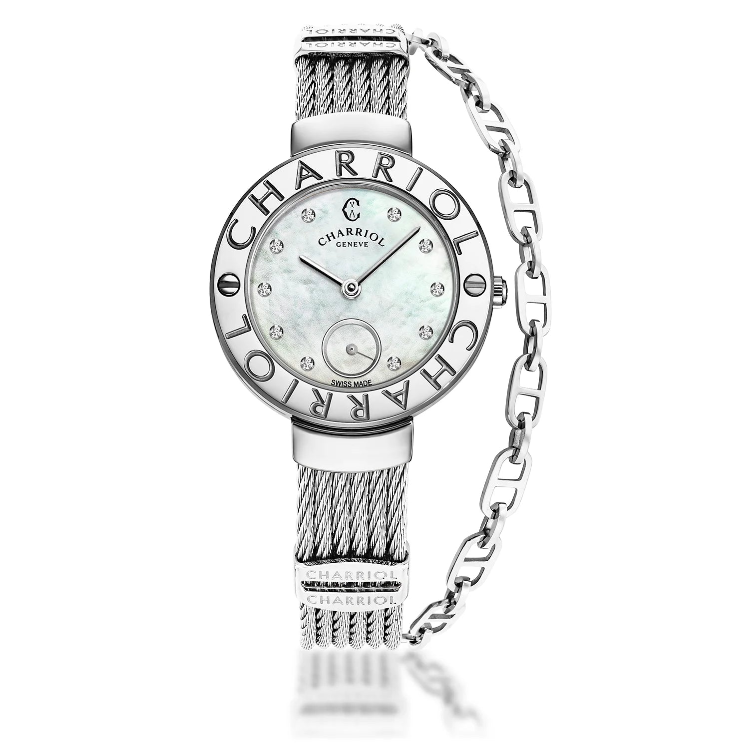 ST TROPEZ, 30MM, QUARTZ CALIBRE, MOTHER-OF-PEARL WITH 10 DIAMONDS DIAL, "CHARRIOL CHARRIOL" BEZEL, STEEL CABLE BRACELET