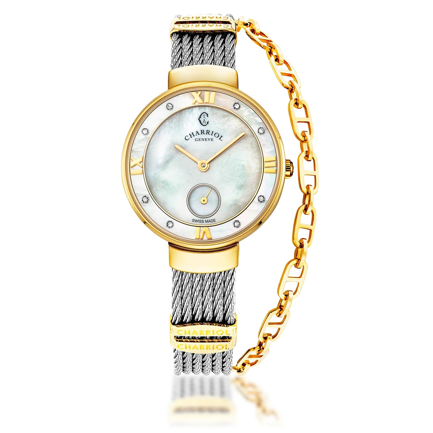 ST TROPEZ, 30MM, QUARTZ CALIBRE, MOTHER-OF-PEARL DIAL, MOTHER-OF-PEARL WITH 8 DIAMONDS BEZEL, STEEL CABLE BRACELET - Charriol Geneve -  Watch