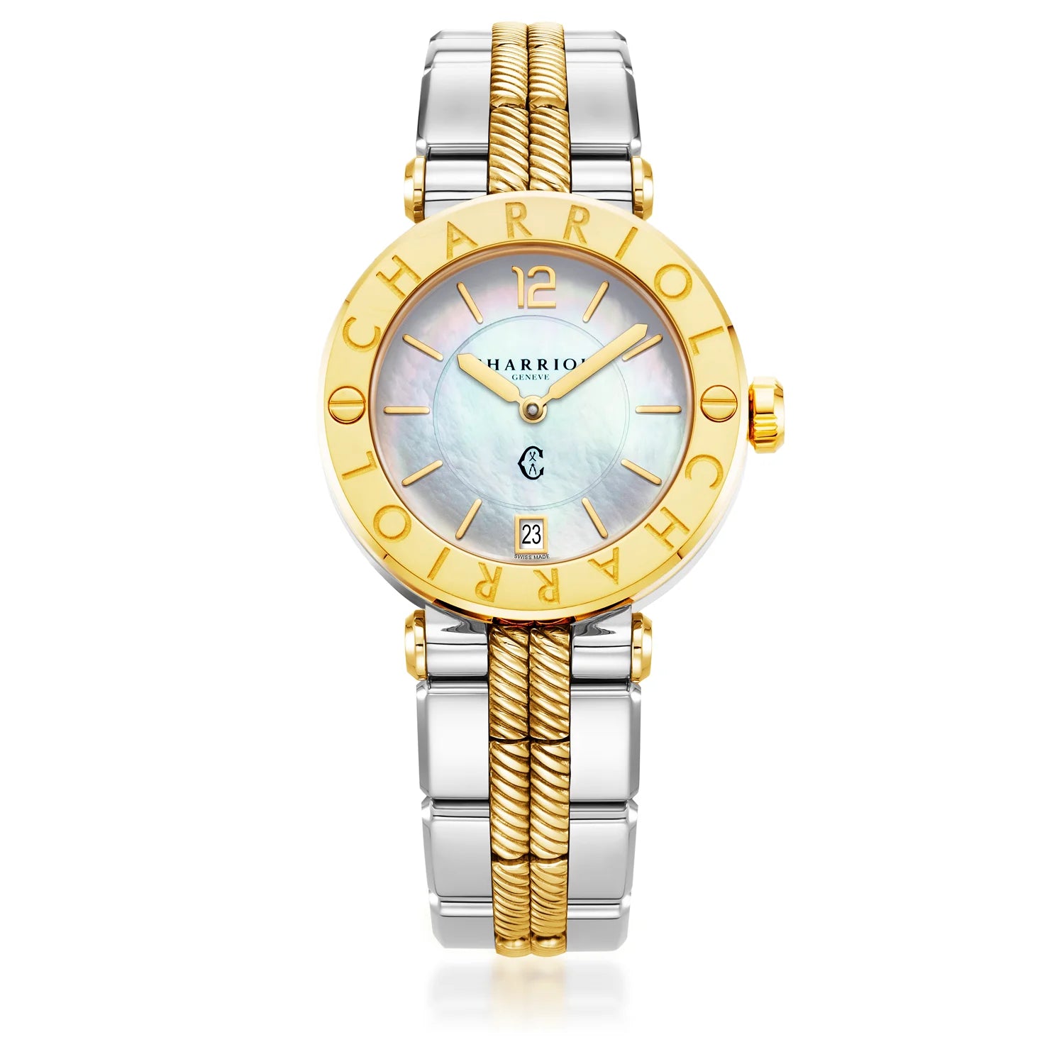 St Tropez Cruise 36mm Watch Light Grey & Yellow Gold Bracelet, Yellow Gold & 2 Screws Bezel and White MOP Dial - Charriol Geneve -  Watch