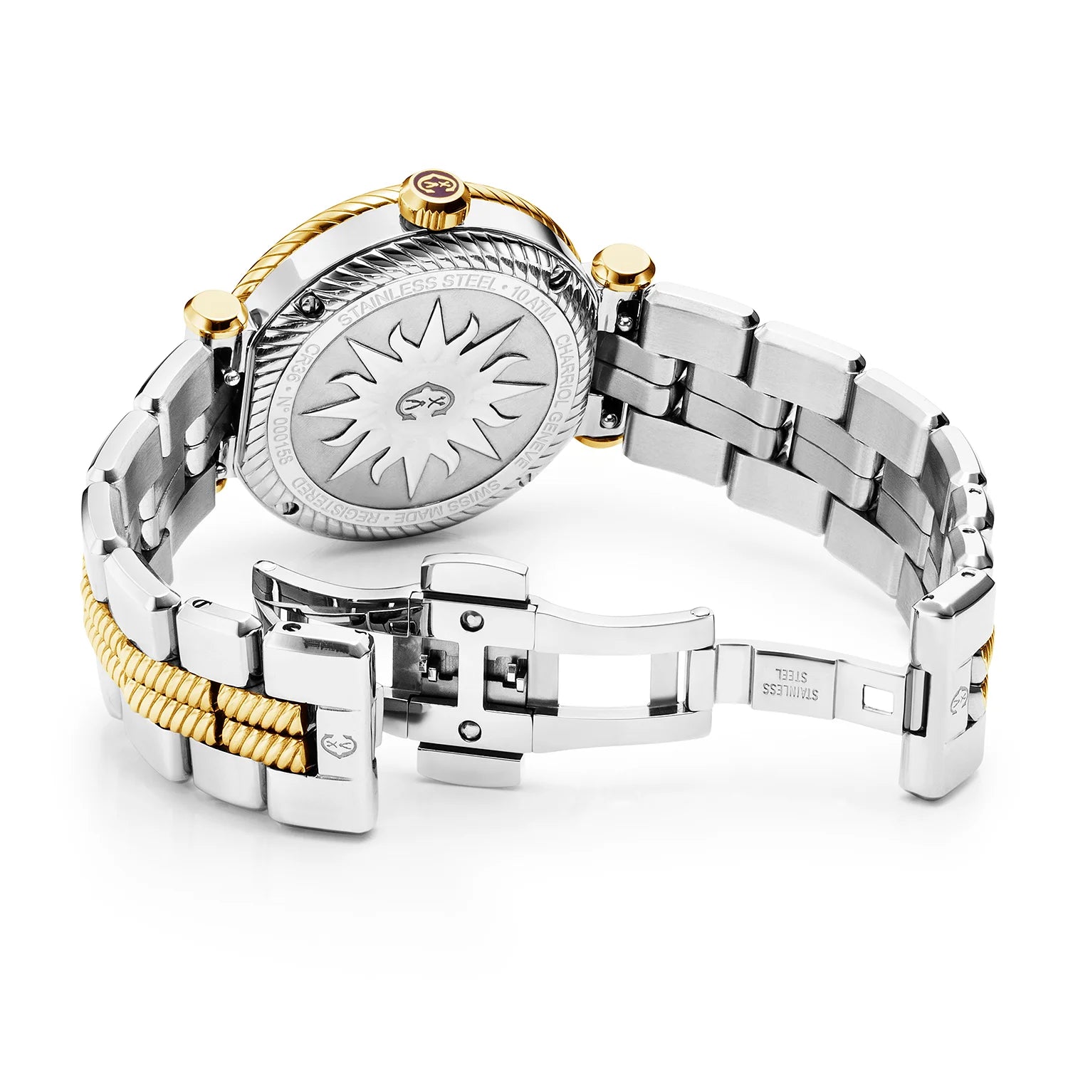 St Tropez Cruise 36mm Watch Light Grey & Yellow Gold Bracelet, Yellow Gold & 2 Screws Bezel and White MOP Dial - Charriol Geneve -  Watch