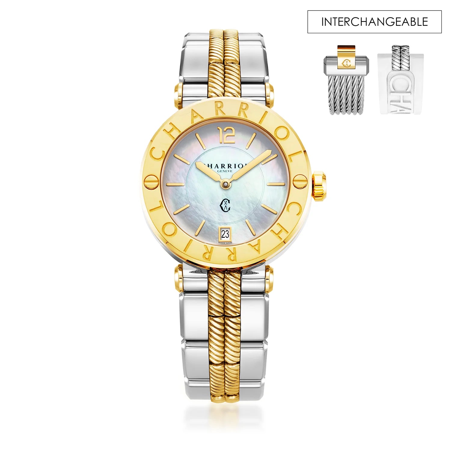 St Tropez Cruise 36mm Watch Light Grey & Yellow Gold Bracelet, Yellow Gold & 2 Screws Bezel and White MOP Dial - Charriol Geneve -  Watch