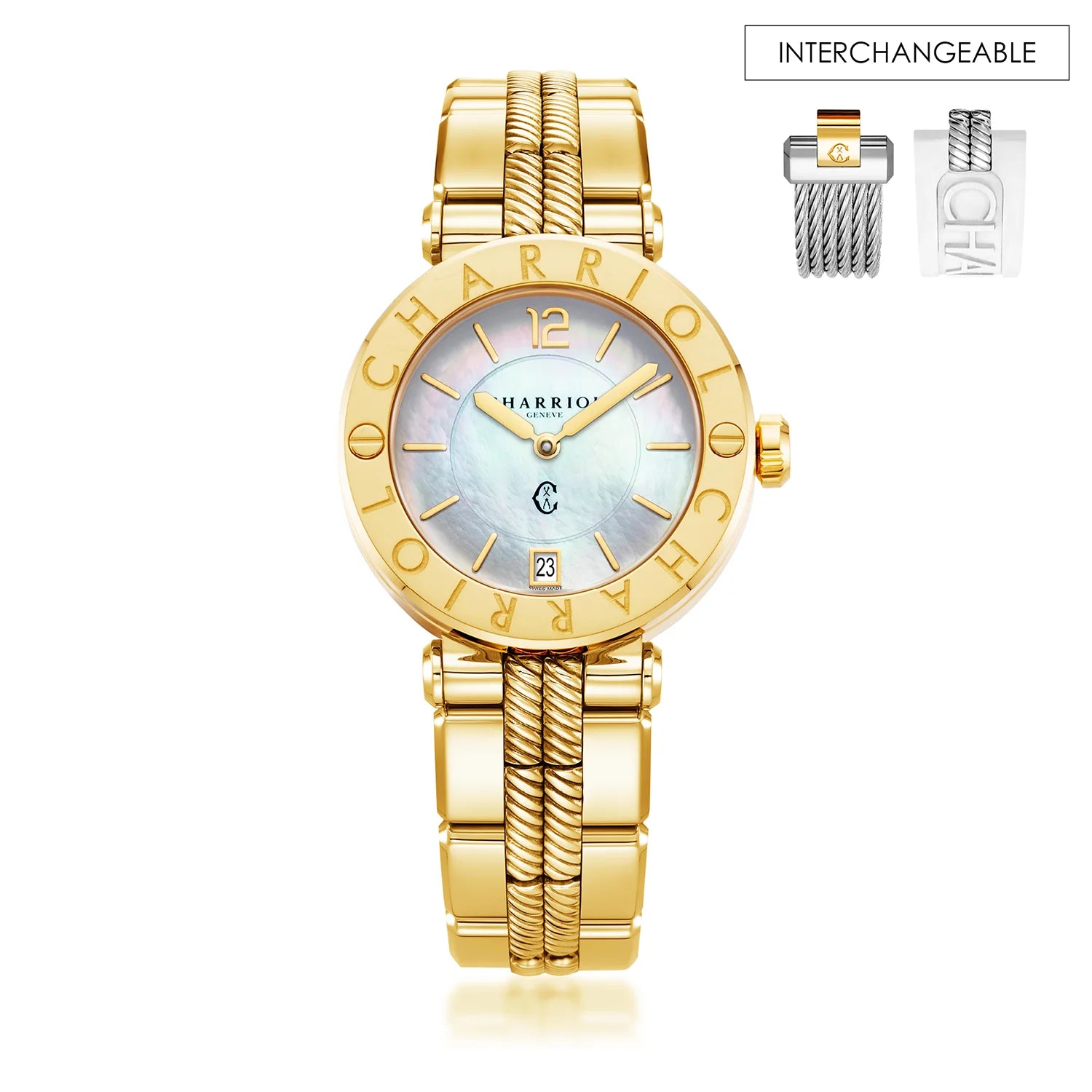 NAVIGATOR CRUISE, 36MM, QUARTZ CALIBRE, MOTHER-OF-PEARL DIAL, "CHARRIOL CHARRIOL" BEZEL, STEEL YELLOW GOLD PVD INTERCHANGEABLE BRACELET - Charriol Geneve -  Watch