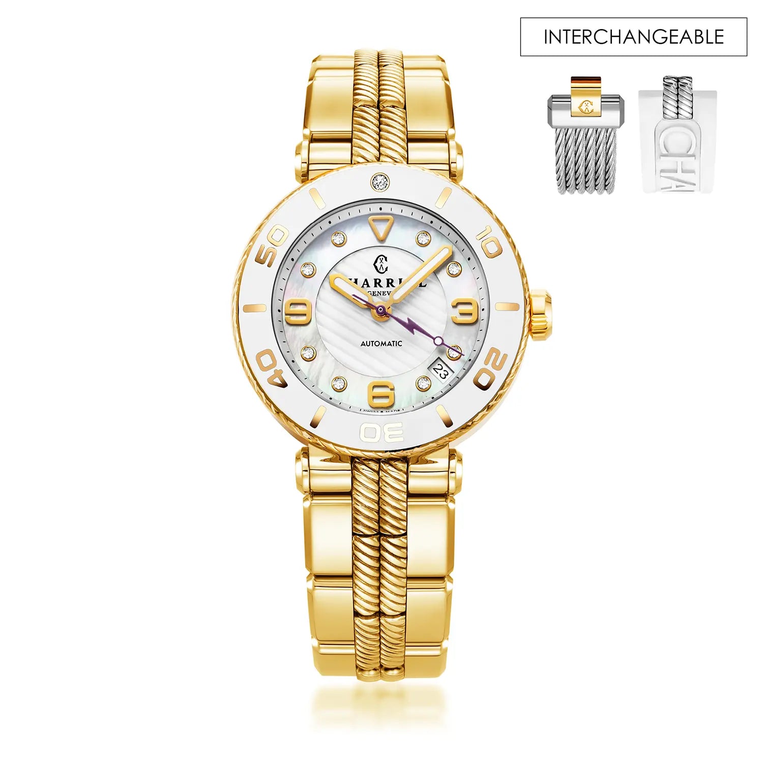 NAVIGATOR SURF, 36MM, AUTOMATIC CALIBRE, WHITE DIAL, WHITE BEZEL, YELLOW GOLD PVD INTERCHANGEABLE BRACELET