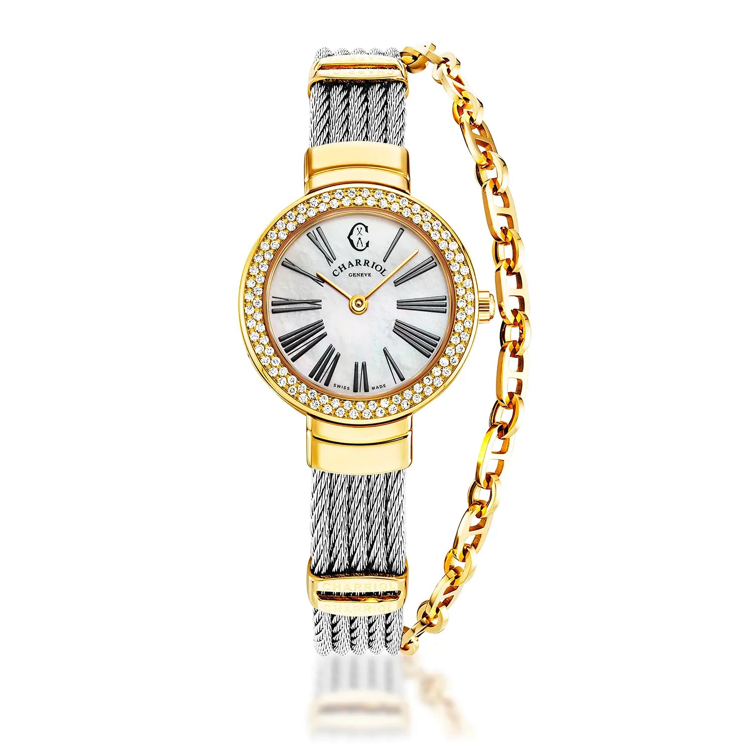 ST TROPEZ, 25MM, QUARTZ CALIBRE, WHITE MOTHER-OF-PEARL WITH ROMAN NUMERALS DIAL, YELLOW GOLD PVD WITH 104 DIAMONDS BEZEL, STEEL CABLE BRACELET - Charriol Geneve -  Watch