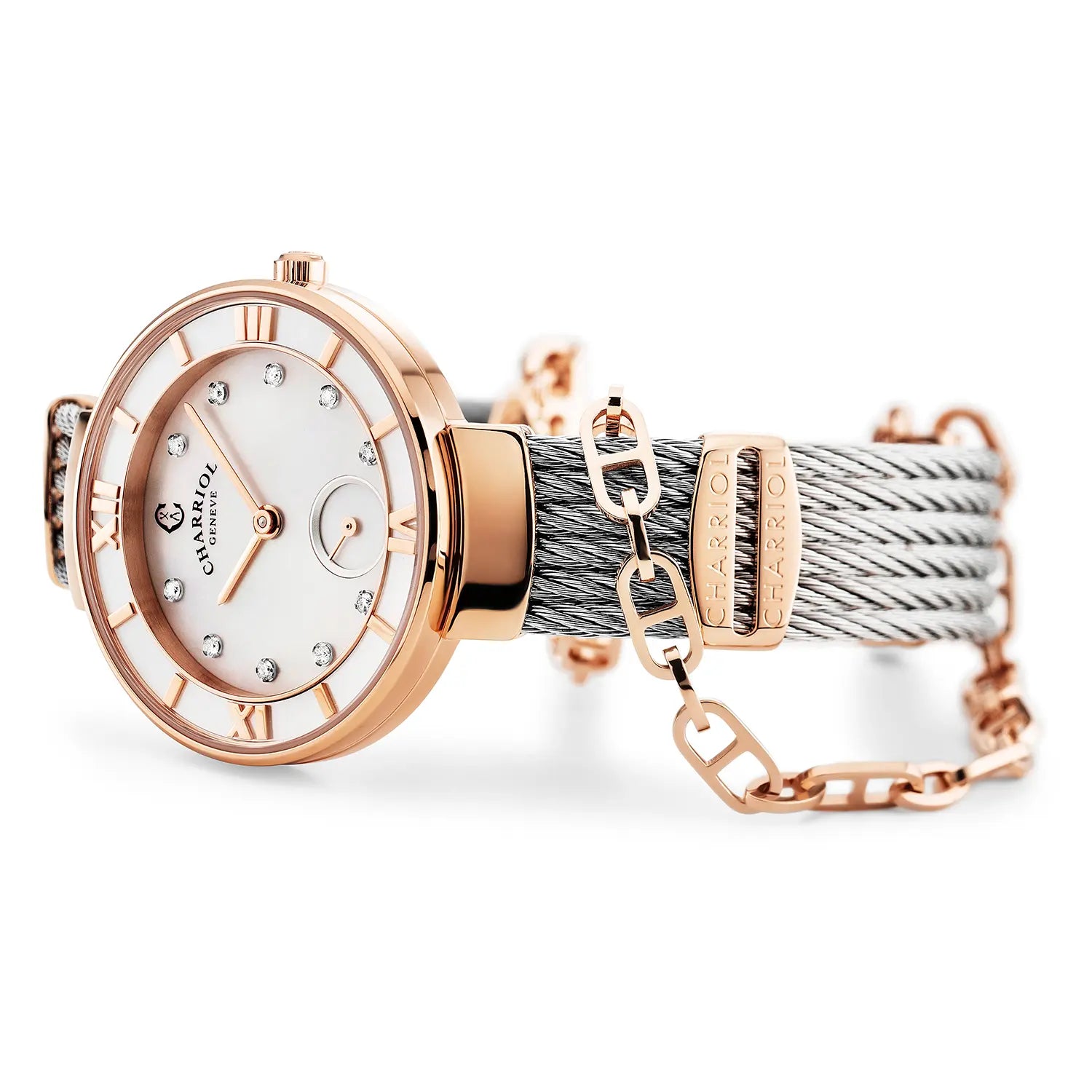 ST TROPEZ, 30MM, QUARTZ CALIBRE, MOTHER-OF-PEARL WITH 10 DIAMONDS DIAL, MOTHER-OF-PEARL BEZEL, STEEL CABLE BRACELET - Charriol Geneve -  Watch