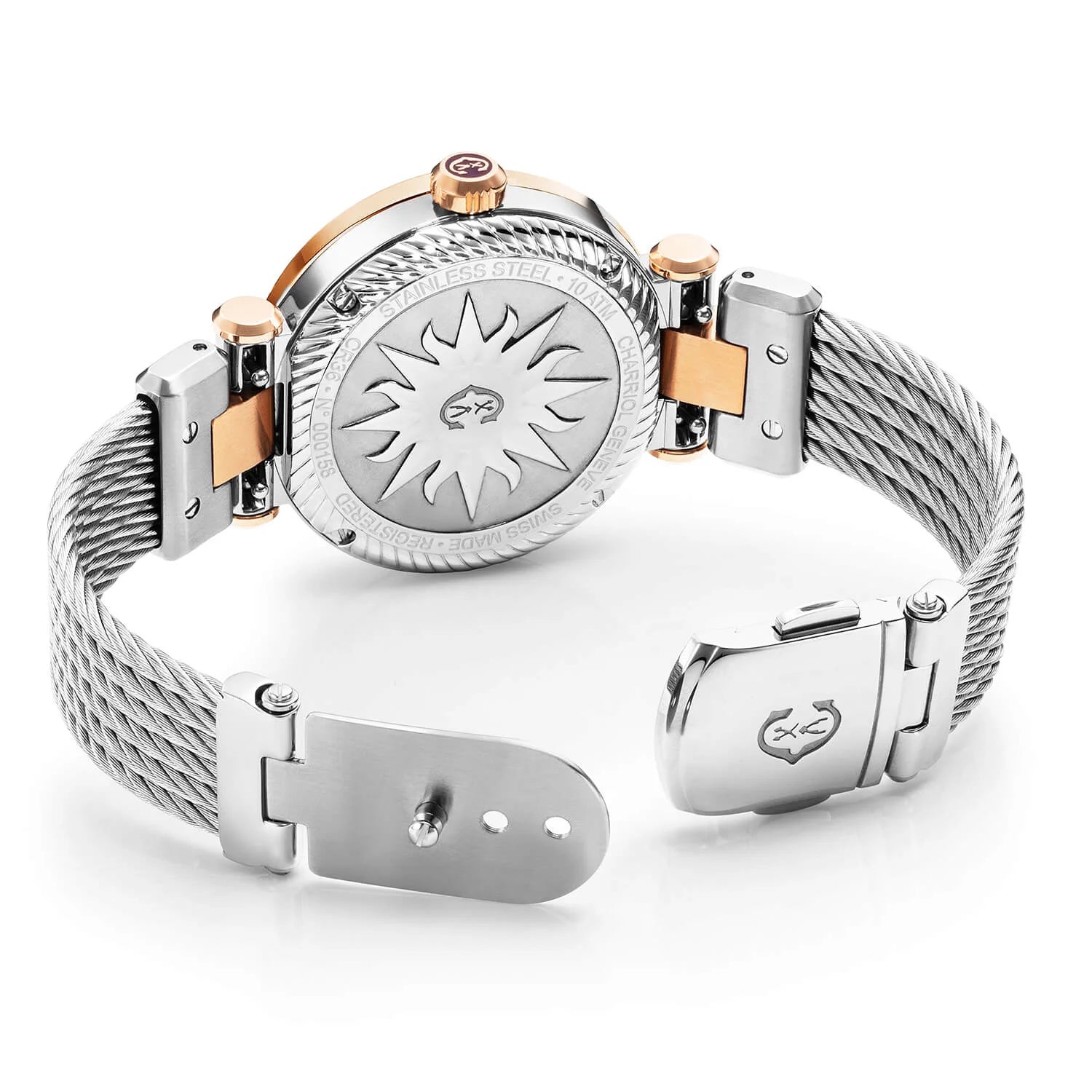 NAVIGATOR CRUISE, 36MM, QUARTZ CALIBRE, WHITE MOTHER-OF-PEARL WITH ROSE GOLD PVD INDEX, STEEL ROSE GOLD PVD "CHARRIOL CHARRIOL" WITH 2 SCREWS, STEEL INTERCHANGEABLE CABLE BRACELET WITH ROSE GOLD PVD ATTACHED - © 2024 Charriol -  Watch