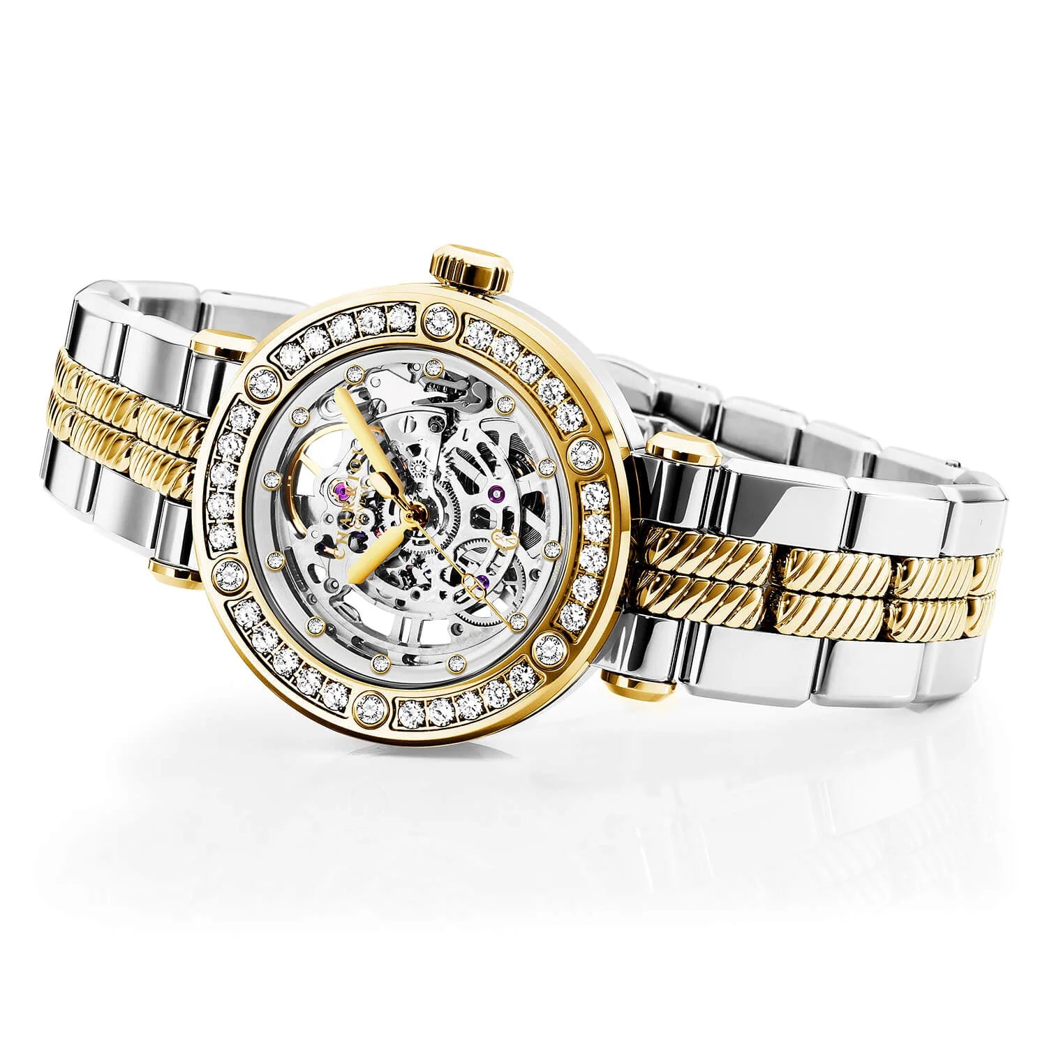 NAVIGATOR CRUISE, 36MM, CHARRIOL SKELETON AUTOMATIC CALIBRE, CRYSTAL WITH 12 DIAMONDS INDEX INNER RING DIAL, STEEL YELLOW GOLD PVD WITH 30 FULLCUTS DIAMONDS & 6 DIAMONDS BEZEL, METAL BICOLOR INTERCHANGEABLE BRACELET - © 2024 Charriol -  Watch