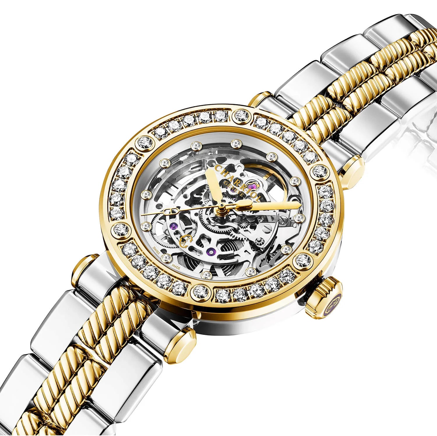 NAVIGATOR CRUISE, 36MM, CHARRIOL SKELETON AUTOMATIC CALIBRE, CRYSTAL WITH 12 DIAMONDS INDEX INNER RING DIAL, STEEL YELLOW GOLD PVD WITH 30 FULLCUTS DIAMONDS & 6 DIAMONDS BEZEL, METAL BICOLOR INTERCHANGEABLE BRACELET - © 2024 Charriol -  Watch