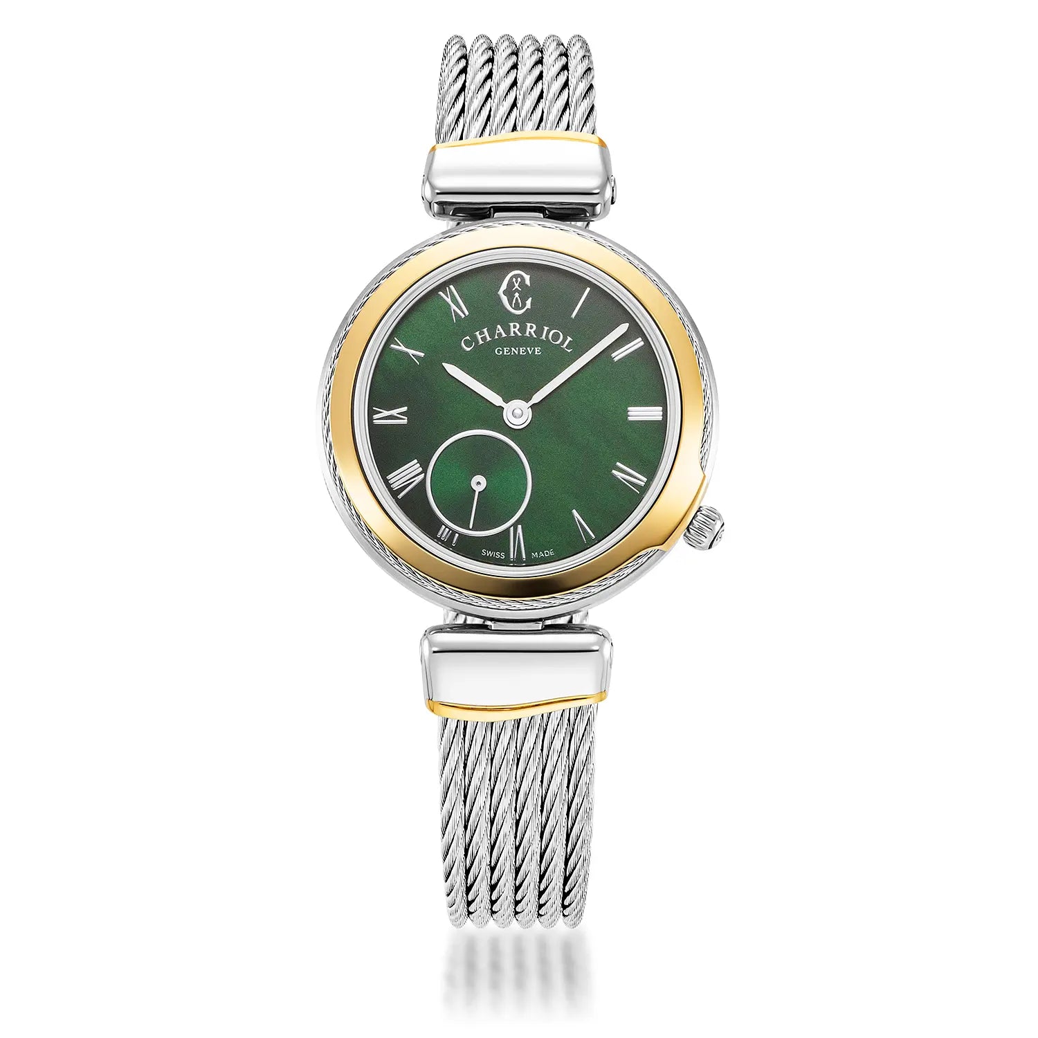 Celtic Legacy 30mm Light Grey Cable, Yellow Gold PVD Bezel and Green Dial - Charriol Geneve -  Watch