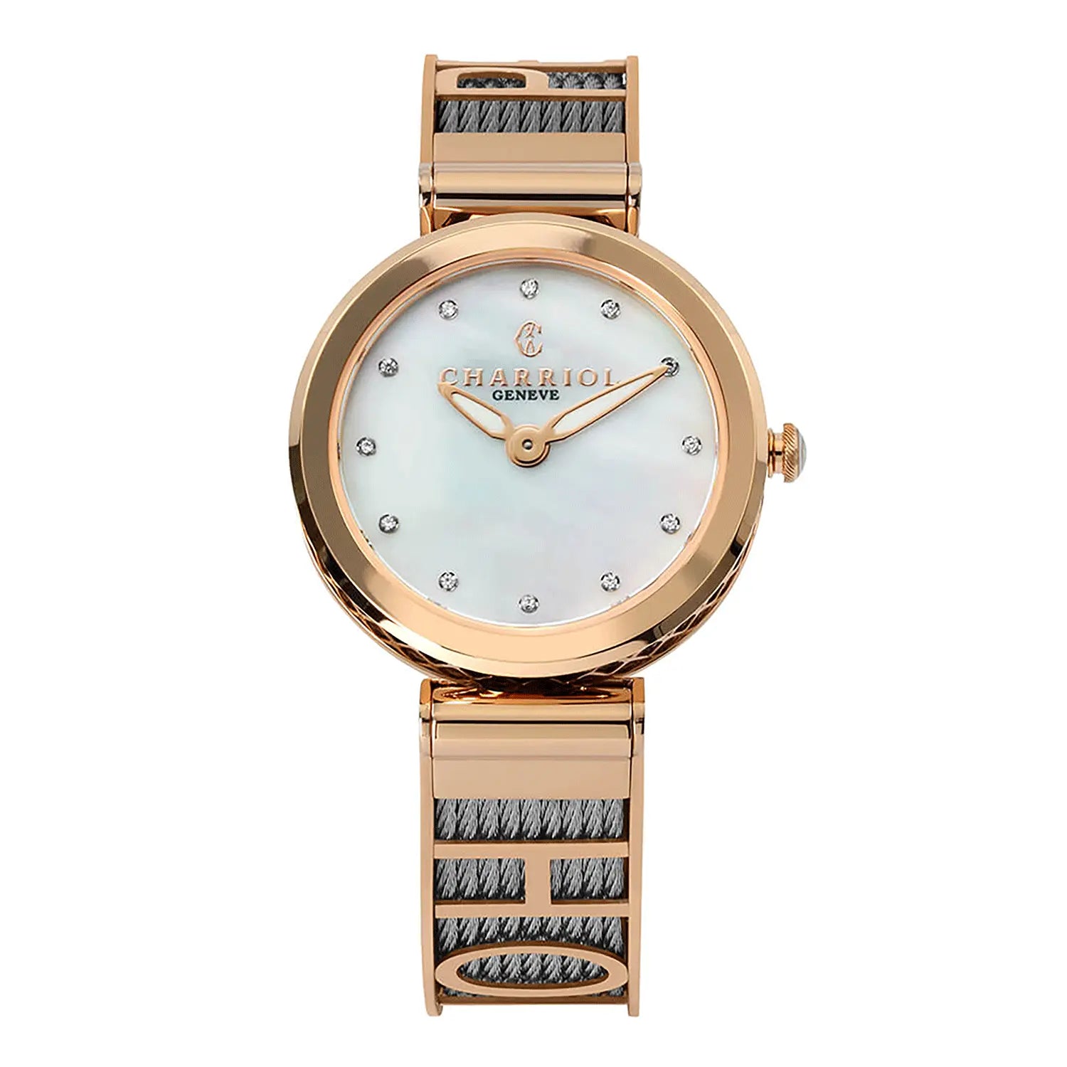FOREVER YOURS, 32MM, QUARTZ CALIBRE, MOTHER-OF-PEARL WITH 12 DIAMONDS DIAL, ROSE GOLD PVD BEZEL, STEEL CABLE BRACELET - Charriol Geneve -  Watch