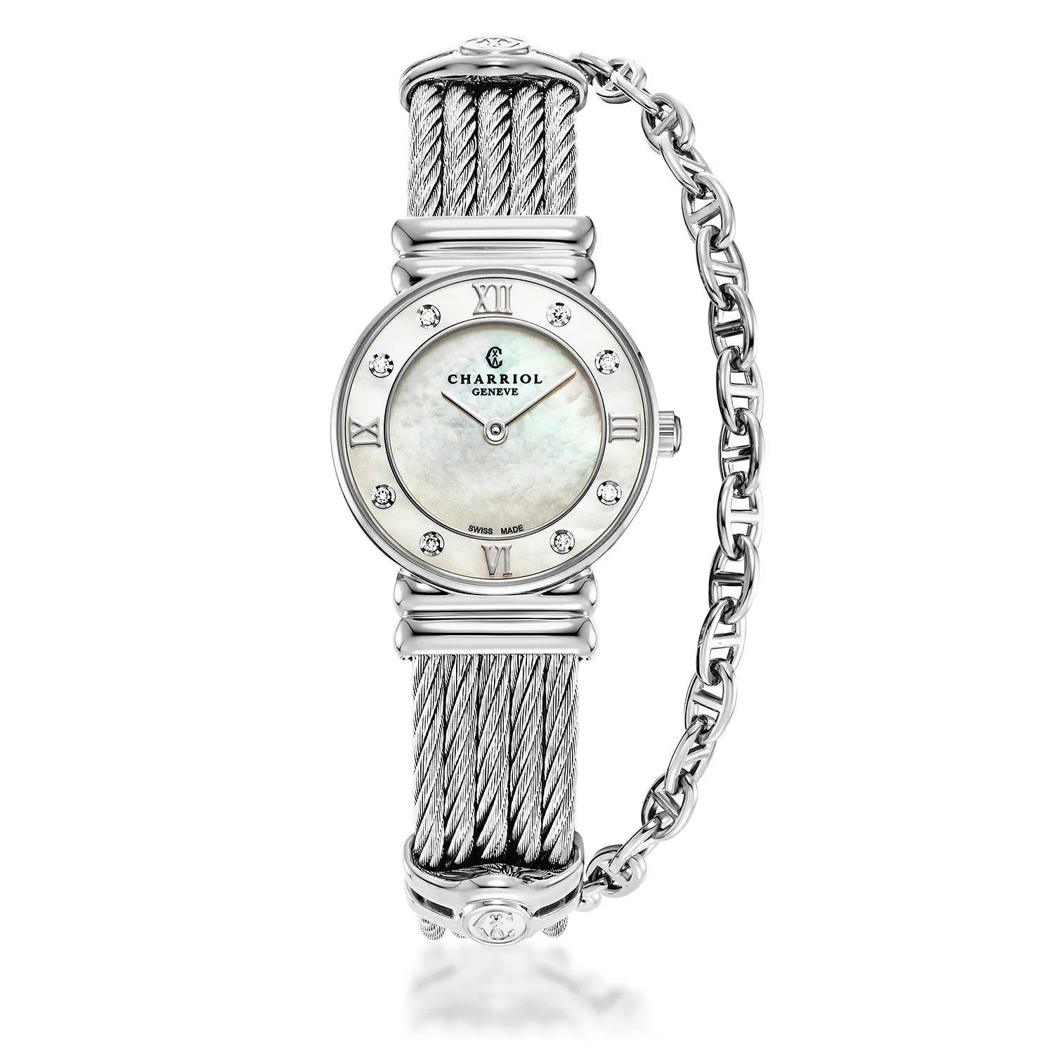St Tropez Icon 24.5mm Watch Stainless Steel, Steel Cable, 8 Diamonds Bezel and White MOP Dial - Charriol Geneve -  Watch