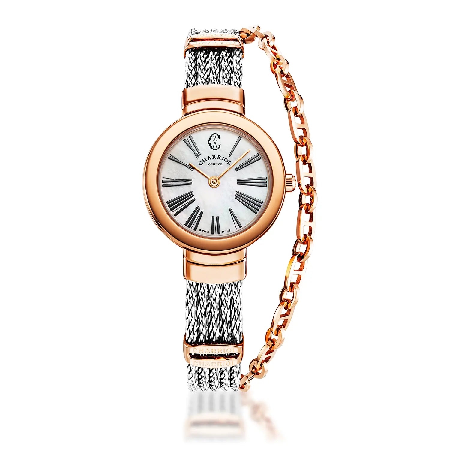 St Tropez 25mm Quartz CALIBRE Mother of Pearl with Roman Dial Rose Gold PVD Bezel Steel Cable Bracelet Rose Gold PVD Decors by Charriol