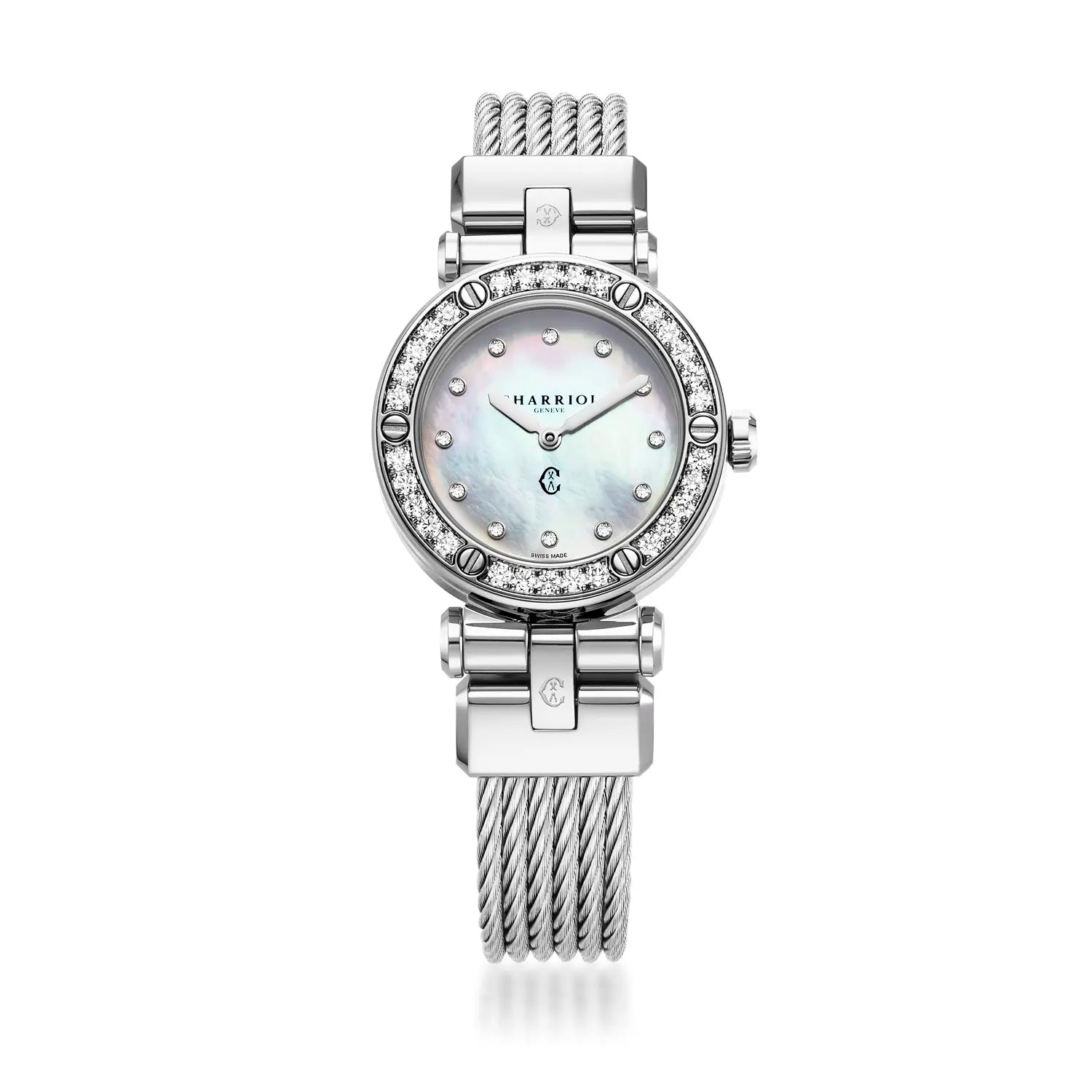 NAVIGATOR CRUISE, 28MM, QUARTZ CALIBRE, MOTHER-OF-PEARL WITH 12 DIAMONDS DIAL, 30 DIAMONDS BEZEL, STEEL CABLE INTERCHANGEABLE BRACELET - Charriol Geneve -  Watch