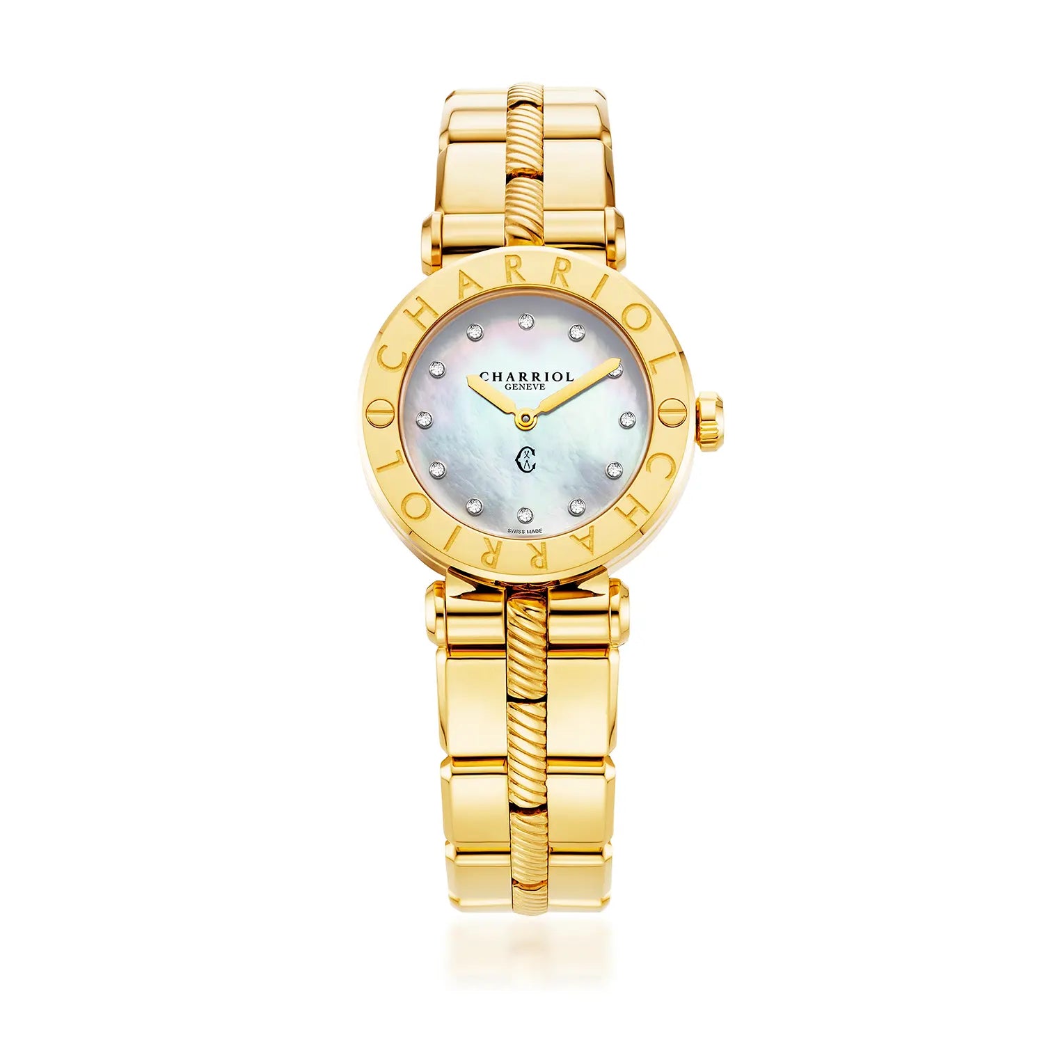 NAVIGATOR CRUISE, 28MM, QUARTZ CALIBRE, MOTHER-OF-PEARL WITH 12 DIAMONDS DIAL, "CHARRIOL CHARRIOL" BEZEL, STEEL YELLOW GOLD PVD INTERCHANGEABLE BRACELET - Charriol Geneve -  Watch