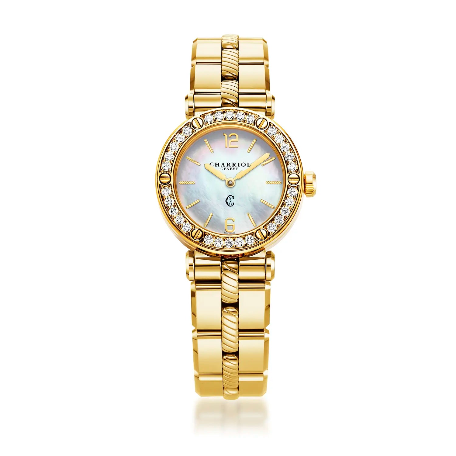 NAVIGATOR CRUISE, 28MM, QUARTZ CALIBRE, MOTHER-OF-PEARL DIAL, 30 DIAMONDS BEZEL, STEEL YELLOW GOLD PVD INTERCHANGEABLE BRACELET - Charriol Geneve -  Watch