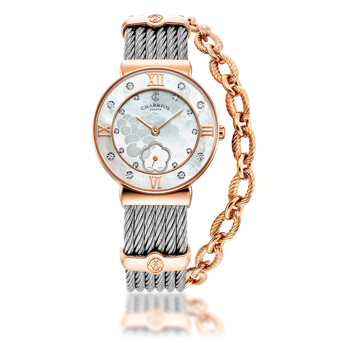 ST TROPEZ ICON, 30MM, QUARTZ CALIBRE, MOTHER-OF-PEARL HIBISCUS DIAL, MOTHER-OF-PEARL WITH 8 DIAMONDS BEZEL, STEEL CABLE BRACELET