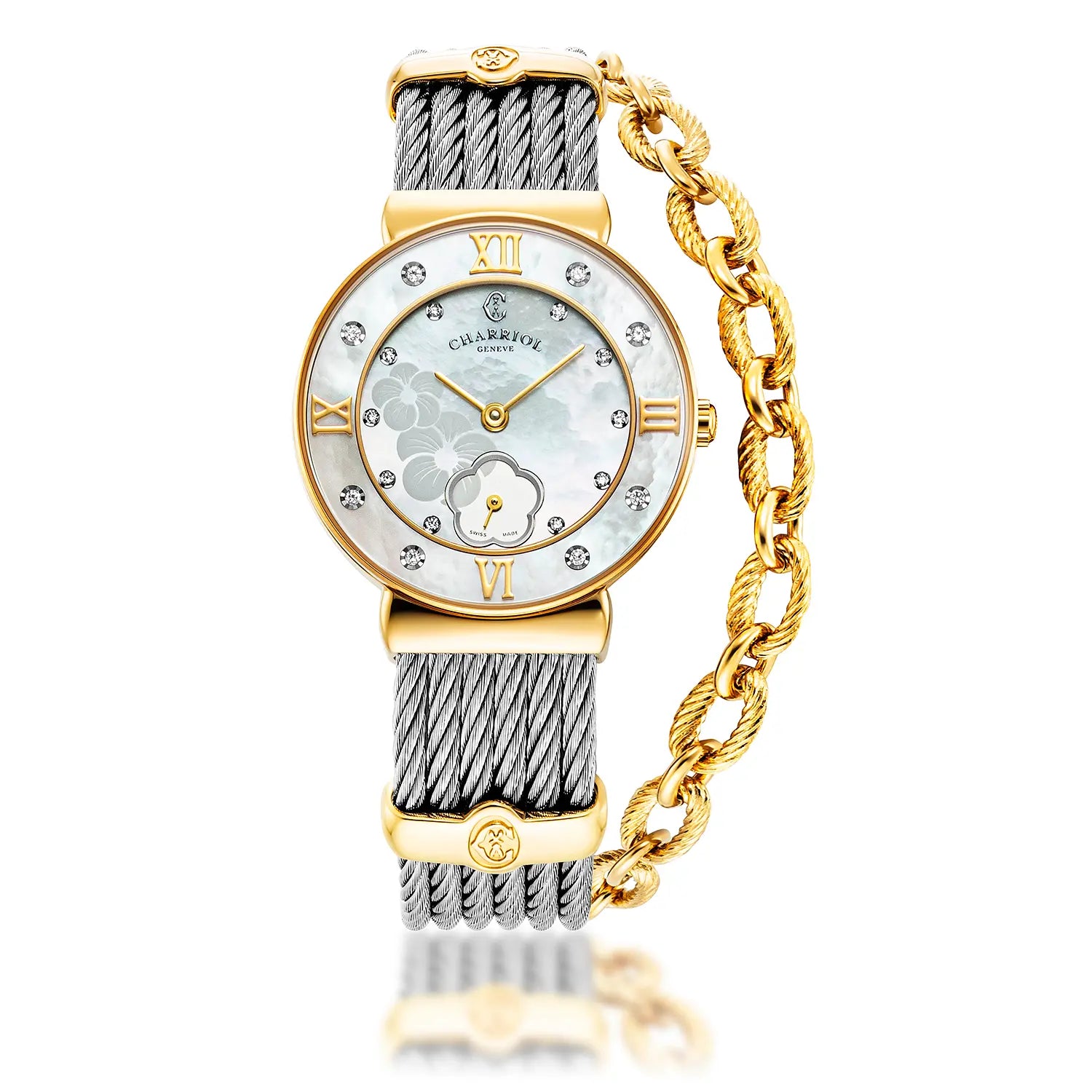 ST TROPEZ ICON, 30MM, QUARTZ CALIBRE, MOTHER-OF-PEARL HIBISCUS DIAL, MOTHER-OF-PEARL WITH 8 DIAMONDS BEZEL, STEEL CABLE BRACELET - Charriol Geneve -  Watch