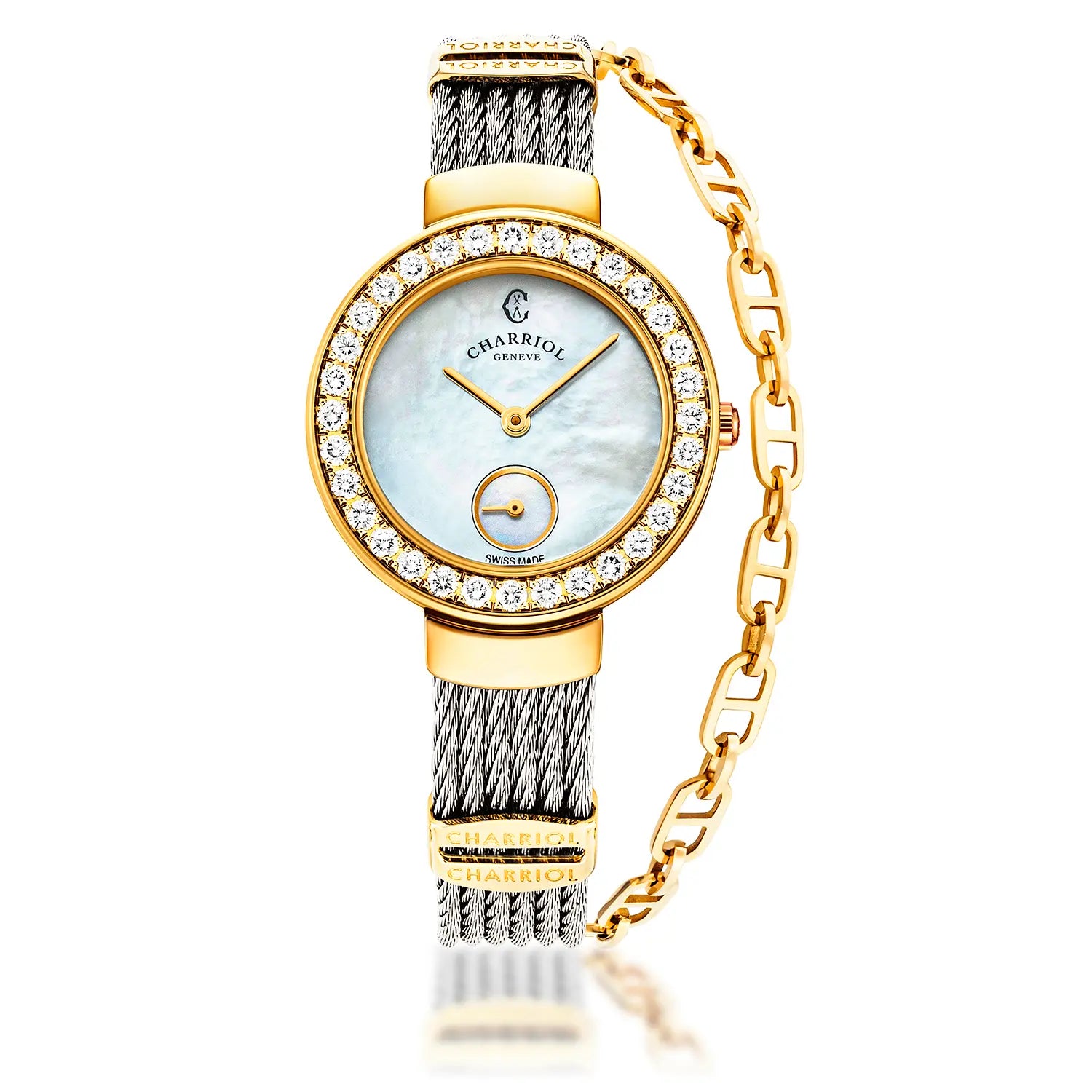 ST TROPEZ, 30MM, QUARTZ CALIBRE, WHITE MOTHER-OF-PEARL DIAL, YELLOW GOLD PVD WITH 32 DIAMONDS BEZEL, STEEL CABLE BRACELET - Charriol Geneve -  Watch