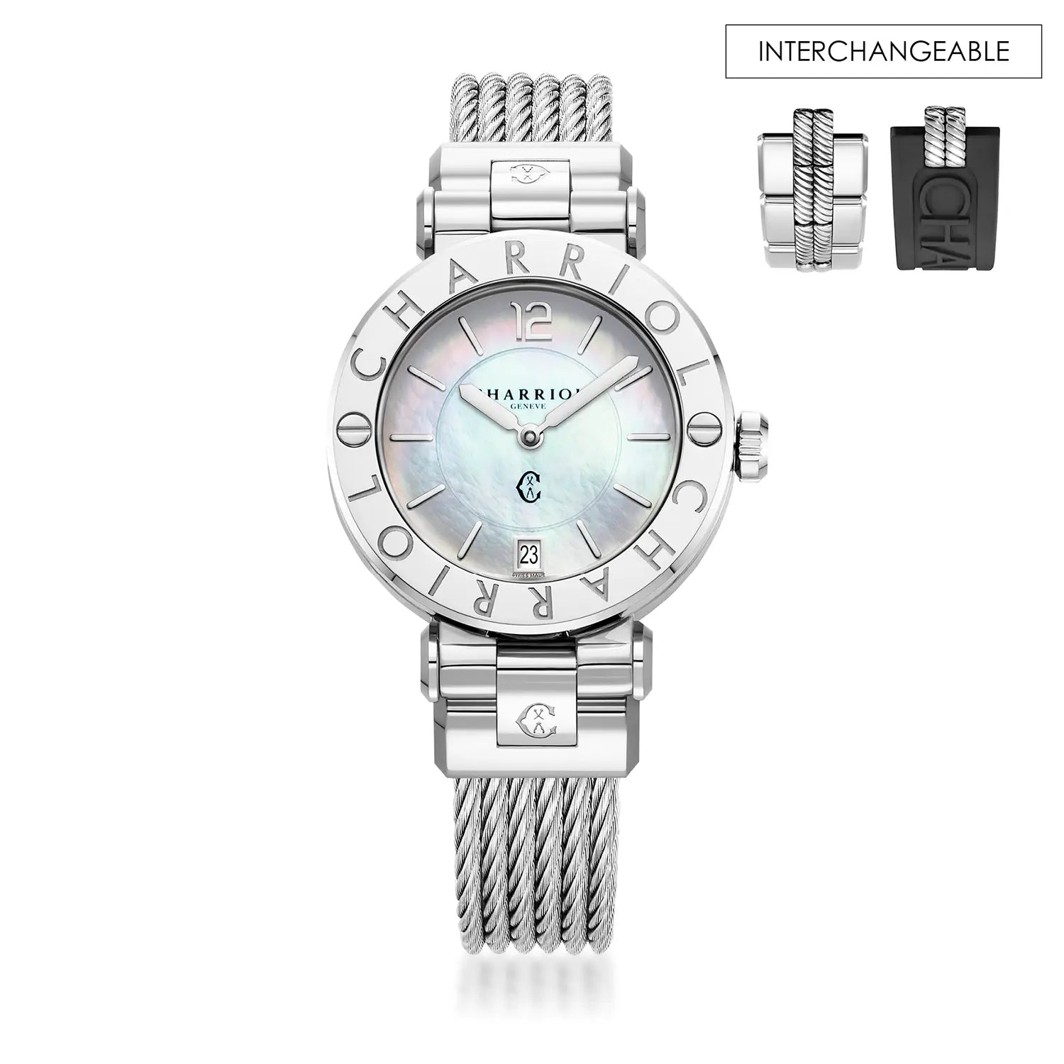 NAVIGATOR CRUISE, 36MM, QUARTZ CALIBRE, MOTHER-OF-PEARL DIAL, "CHARRIOL CHARRIOL" BEZEL, STEEL CABLE INTERCHANGEABLE BRACELET - Charriol Geneve -  Watch