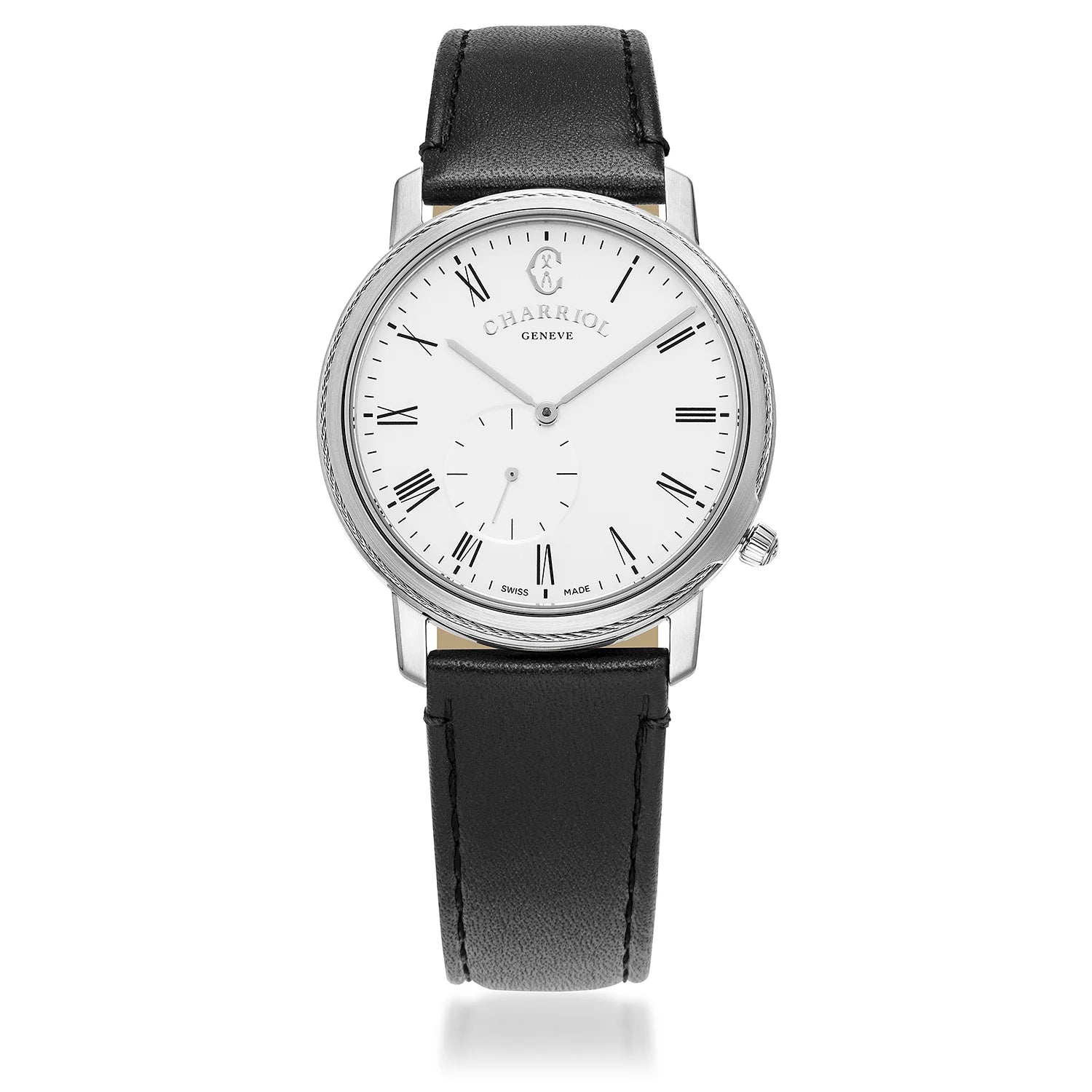 CELTIC® LEGACY, 40MM, QUARTZ CALIBRE, STEEL BEZEL, WHITE WITH ROMAN NUMERALS DIAL, BLACK GENUINE LEATHER BRACELET - BLACK FRIDAY - ©2024 Philippe Charriol International Ltd. -  Watch