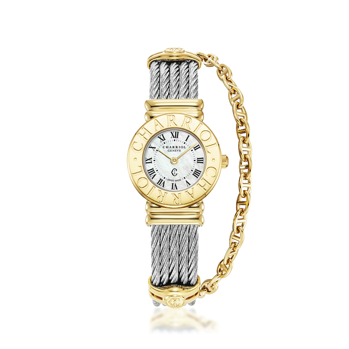 ST-TROPEZ, Steel yellow GP 2N 24,5mm case, Charriol Charriol bezel, white Mother of pearl dial with 12 black printed Roman figures, Swiss Ronda quartz 2 hands movement, Steel Cable with yellow gold plated marine chain, clips and security clasp. - ©2026 Philippe Charriol International Ltd. -  Watch