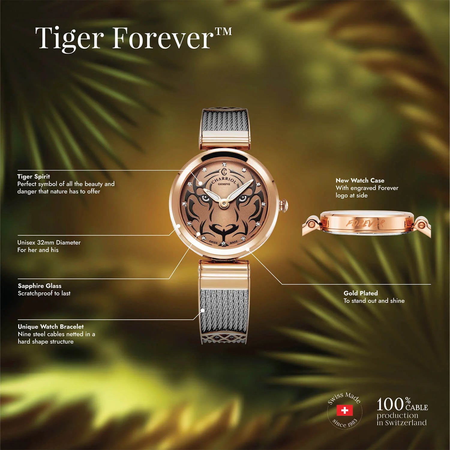 FOREVER, 32MM, QUARTZ CALIBRE, TIGER DIAL, ROSE GOLD PVD BEZEL, STEEL CABLE BRACELET - Charriol Geneve -  Watch