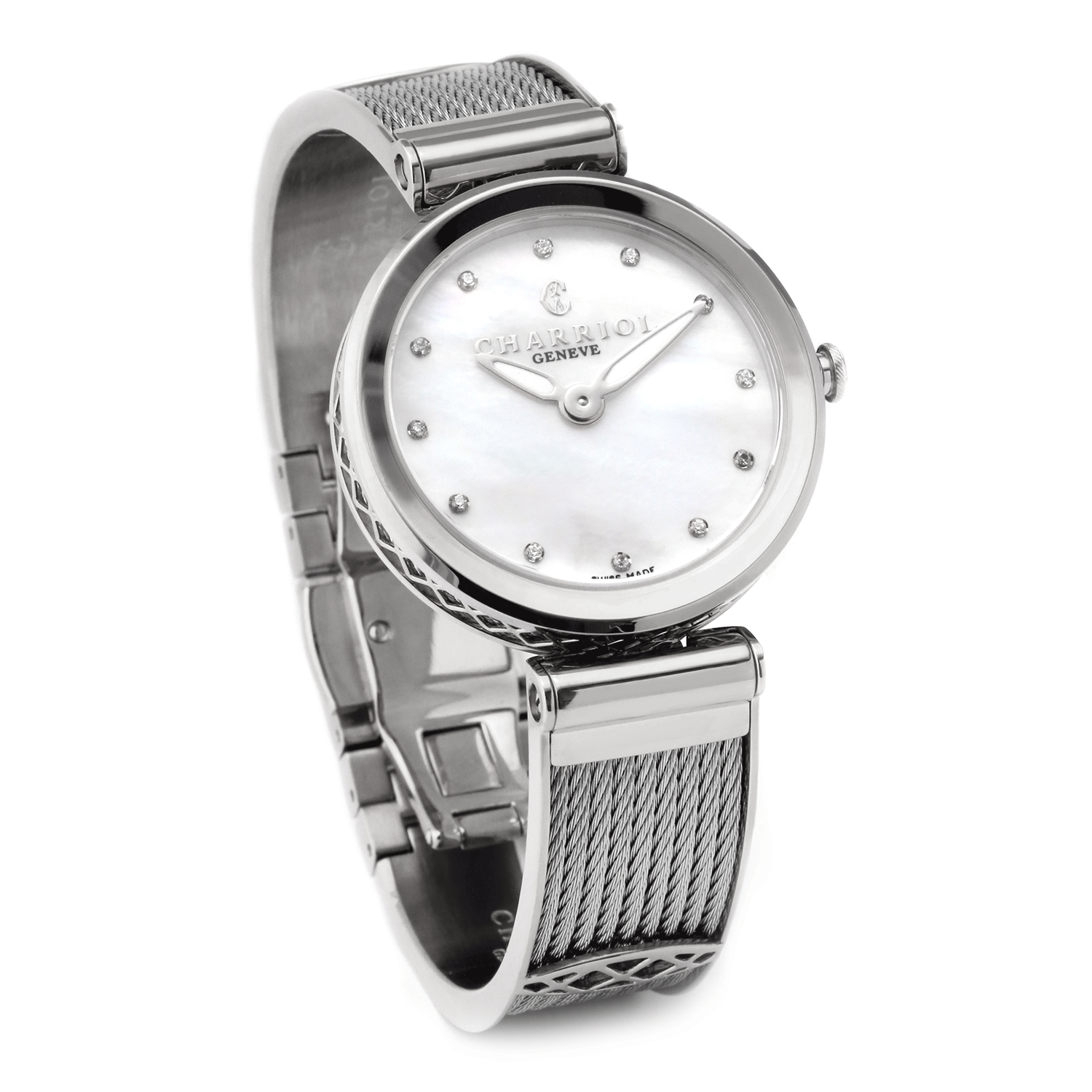 FOREVER, 32MM, QUARTZ CALIBRE, WHITE MOTHER-OF-PEARL WITH 12 SIMILIS DIAL, STEEL BEZEL, STEEL CABLE BRACELET - © 2024 Charriol -  Watch