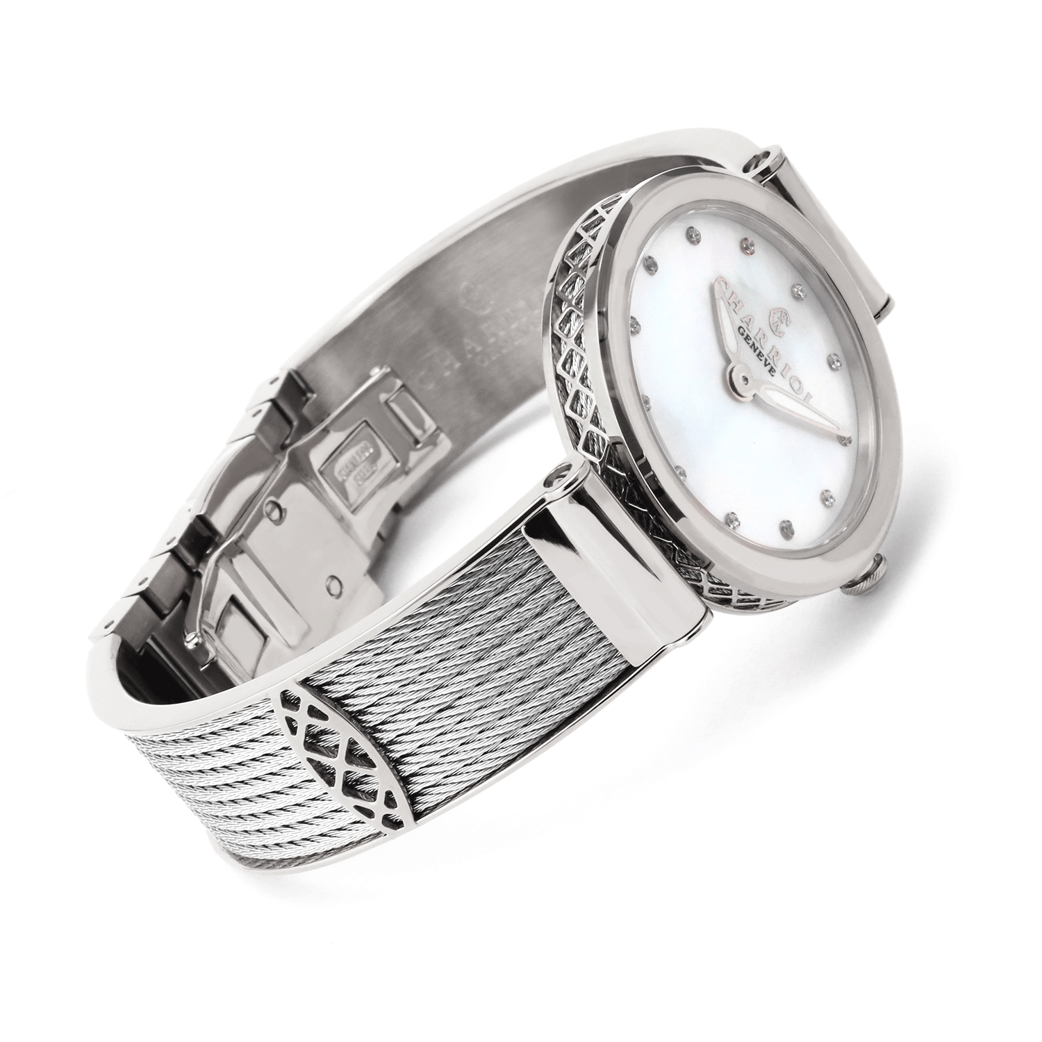 FOREVER, 32MM, QUARTZ CALIBRE, WHITE MOTHER-OF-PEARL WITH 12 SIMILIS DIAL, STEEL BEZEL, STEEL CABLE BRACELET - © 2024 Charriol -  Watch