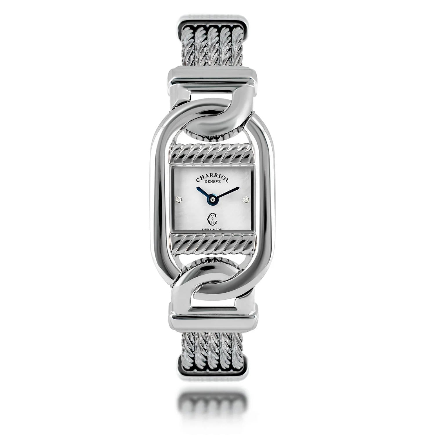 MARINER, 20MM, QUARTZ CALIBRE, STEEL CASE, WHITE MOTHER-OF-PEARL WITH 2 DIAMONDS DIAL, STEEL CABLE BRACELET - ©2025 Philippe Charriol International Ltd. -  Watch