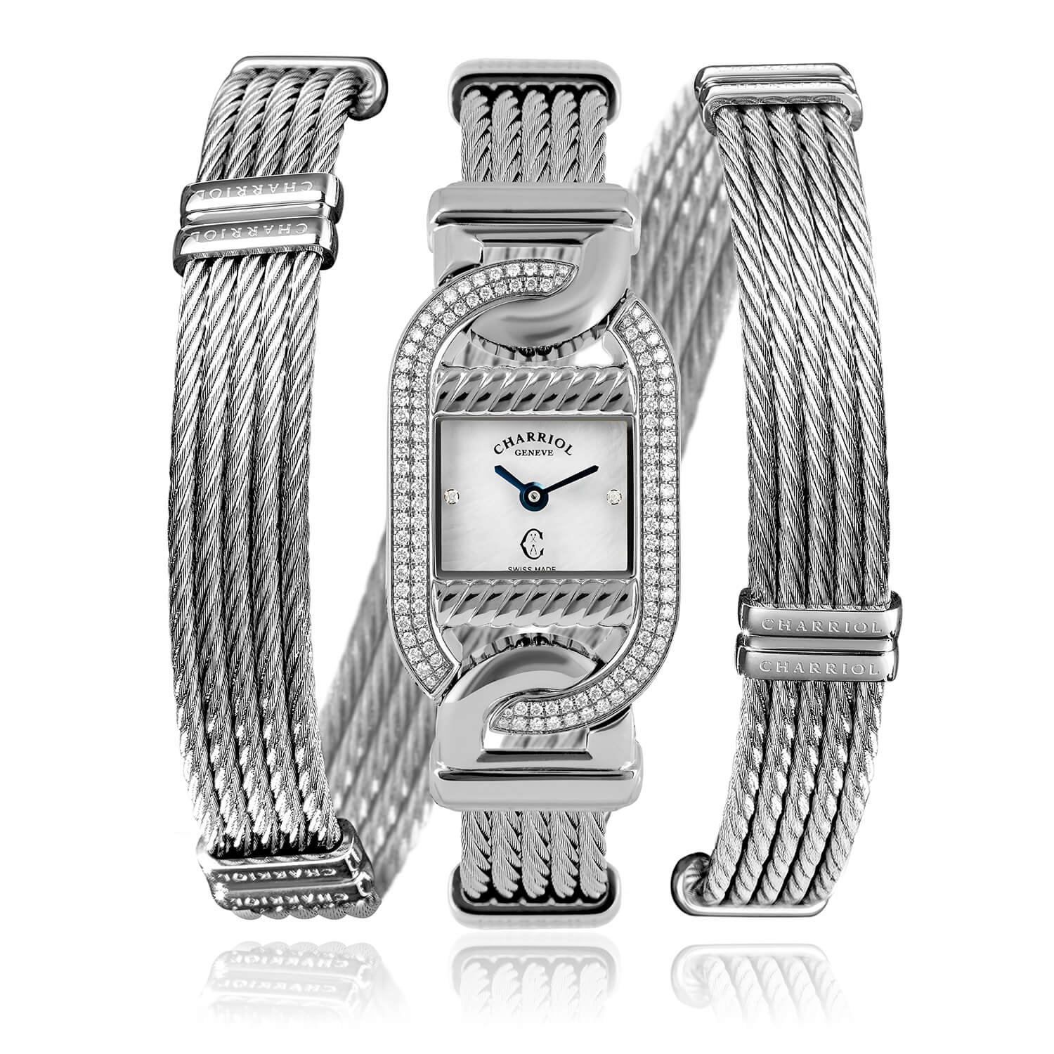 MARINER, 20MM, QUARTZ CALIBRE, STEEL WITH 128 DIAMONDS CASE, WHITE MOTHER-OF-PEARL WITH 2 DIAMONDS DIAL, STEEL TWISTED CABLE BRACELET - Charriol -  Watch