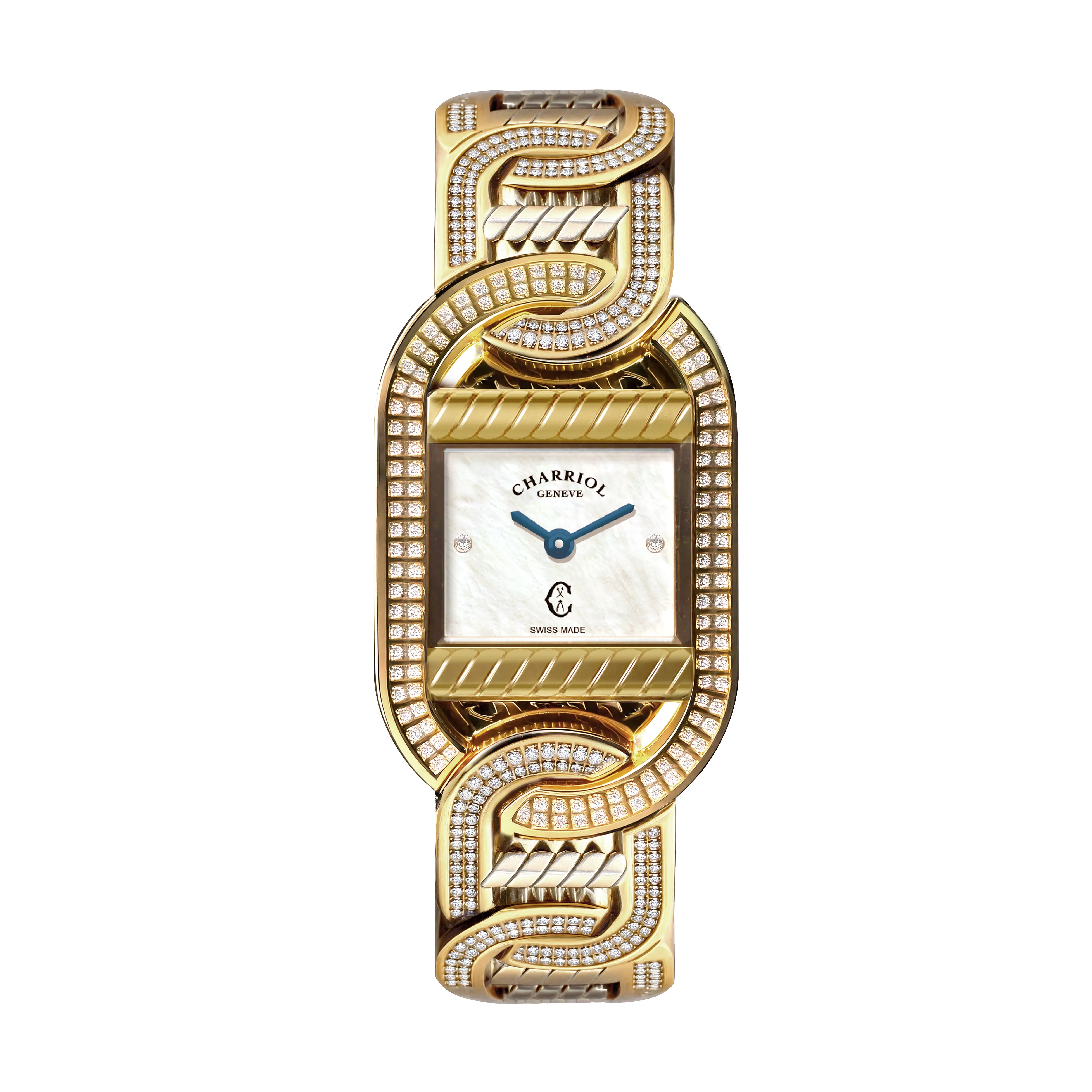 MARINER, 20MM, QUARTZ CALIBRE, YELLOW GOLD PLATED CASE WITH 128 DIAMONDS, 6 YELLOW GOLD PLATED LINKS WITH 336 DIAMONDS, WHITE MOTHER-OF-PEARL WITH 2 DIAMONDS - ©2025 Philippe Charriol International Ltd. -  Watch
