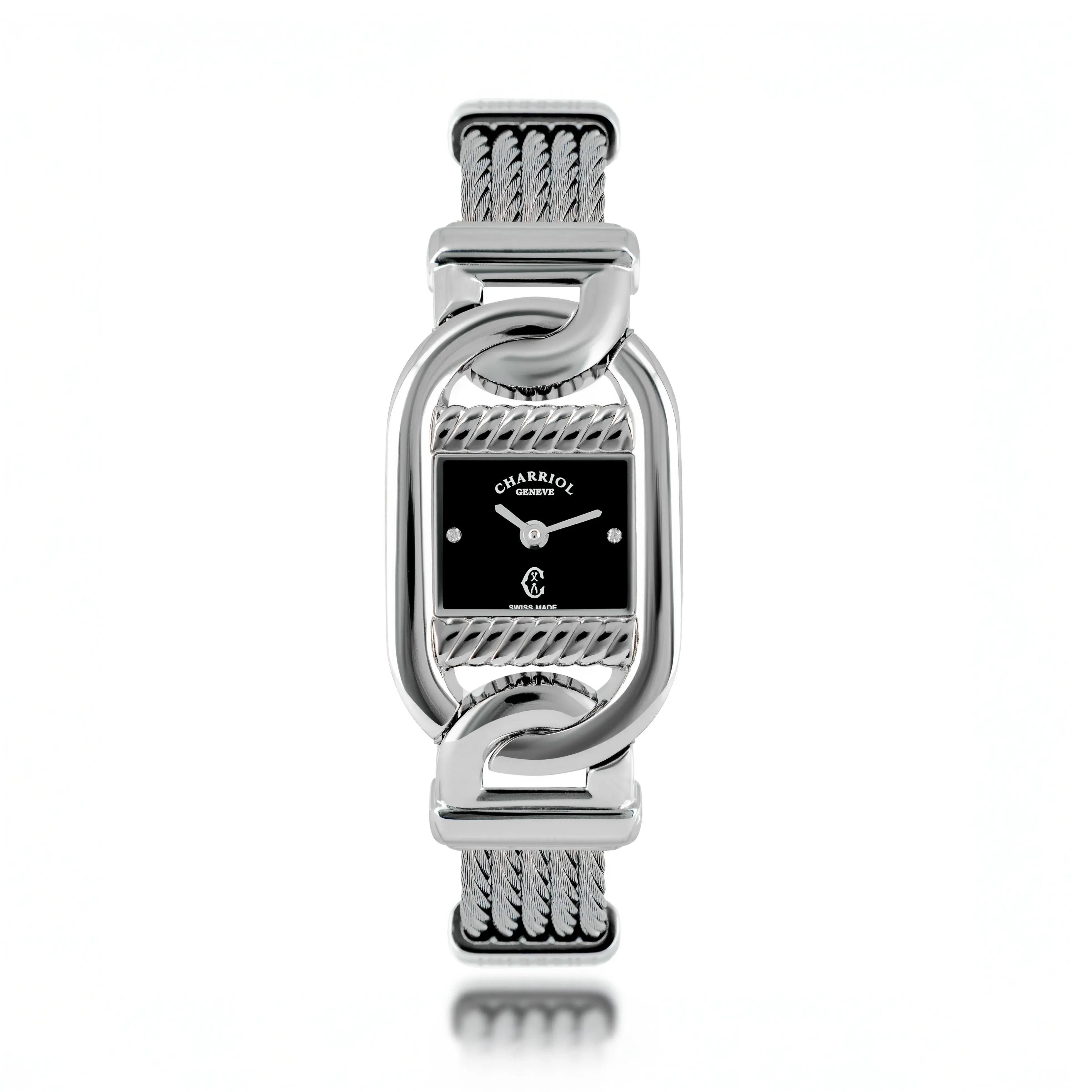 MARINER, 20MM, QUARTZ CALIBRE, STEEL CASE, BLACK MOTHER-OF-PEARL WITH 2 DIAMONDS DIAL, STEEL CABLE BRACELET - ©2025 Philippe Charriol International Ltd. -  Watch