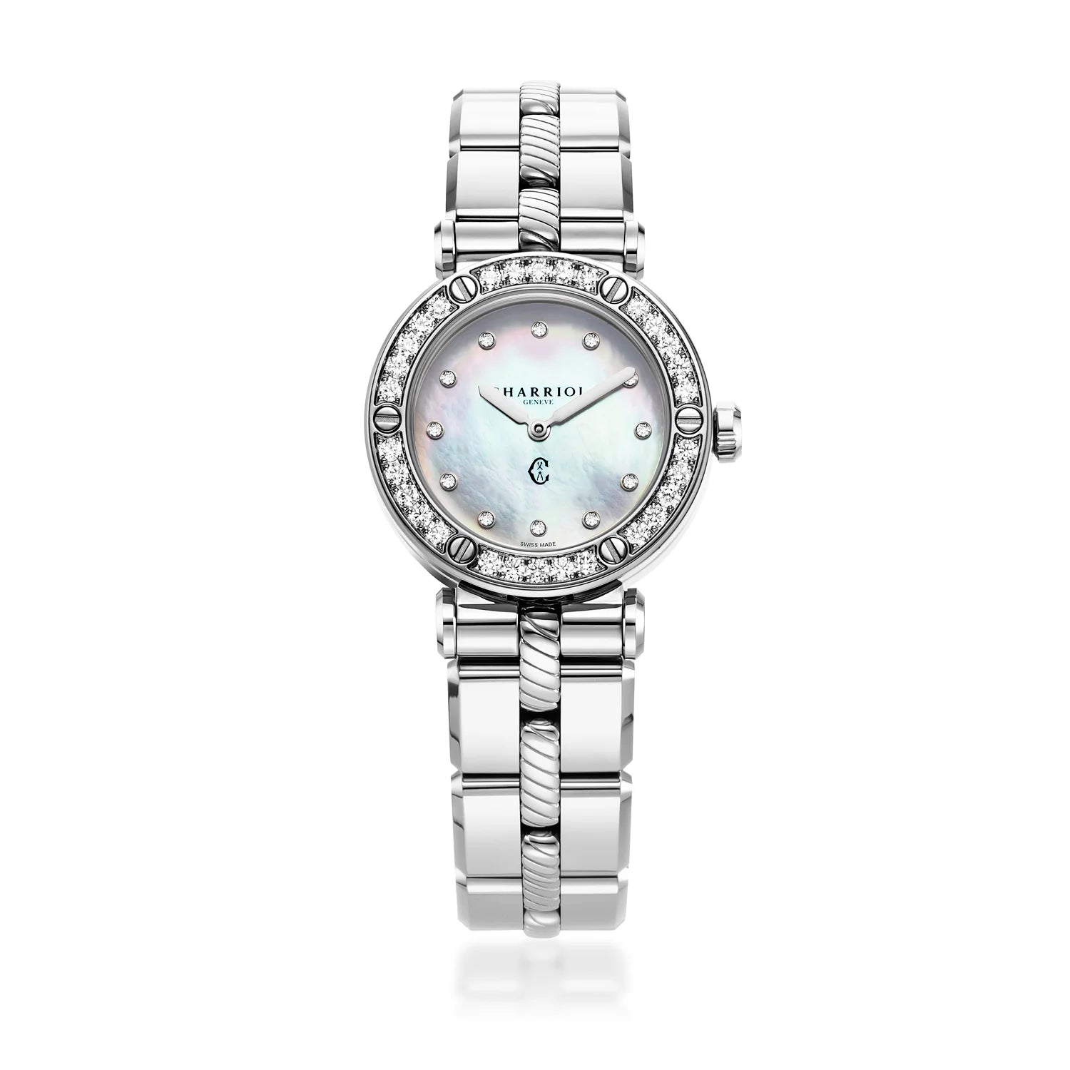 NAVIGATOR CRUISE, 28MM, MOTHER-OF-PEARL WITH 12 DIAMONDS DIAL, 30 DIAMONDS BEZEL, STEEL INTERCHANGEABLE BRACELET - Charriol Geneve -  Watch