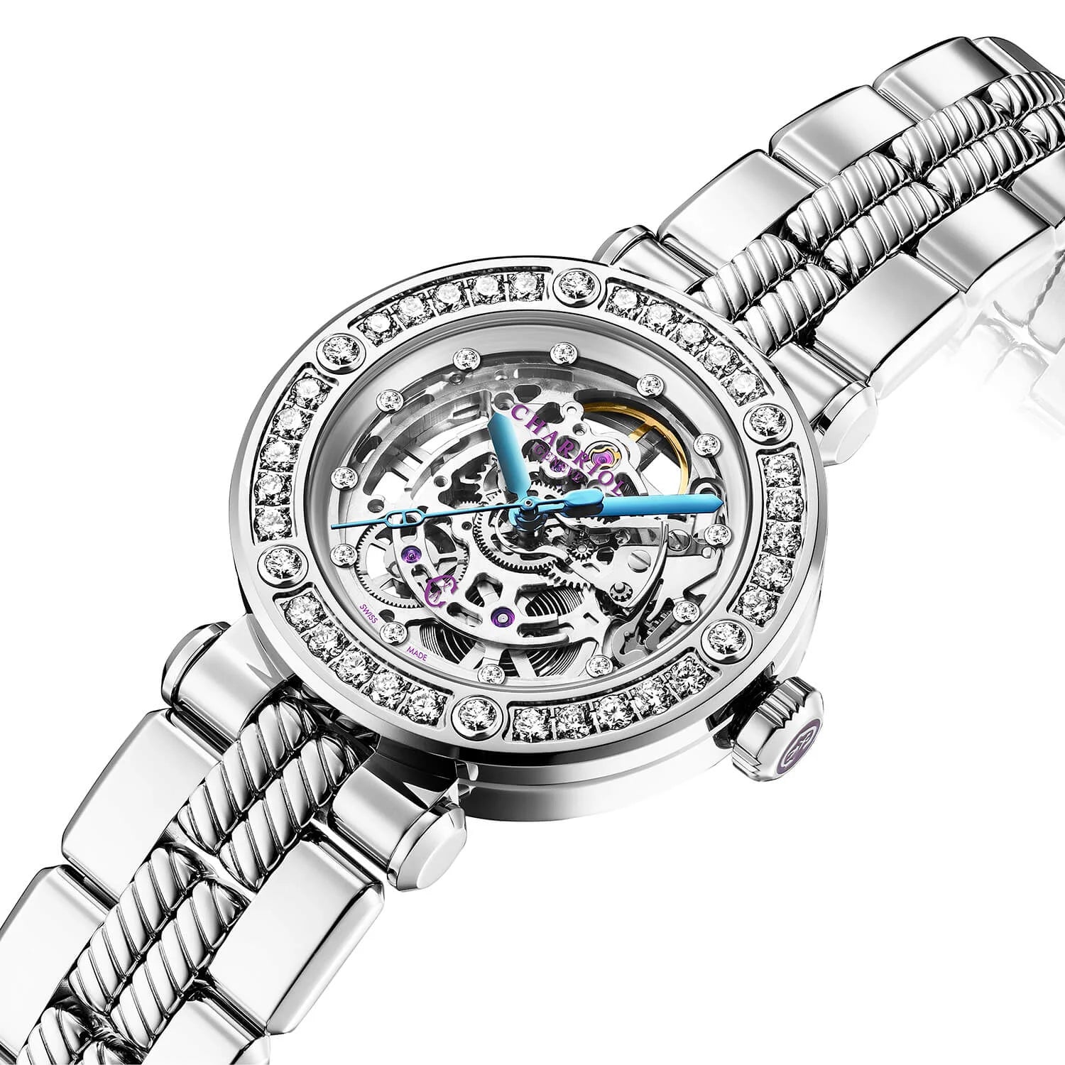 NAVIGATOR CRUISE, 36MM, CHARRIOL SKELETON AUTOMATIC CALIBRE, CRYSTAL WITH 12 DIAMONDS INDEX INNER RING DIAL, STEEL WITH 30 FULLCUTS DIAMONDS & 6 DIAMONDS, METAL INTERCHANGEABLE BRACELET - © 2024 Charriol -  Watch