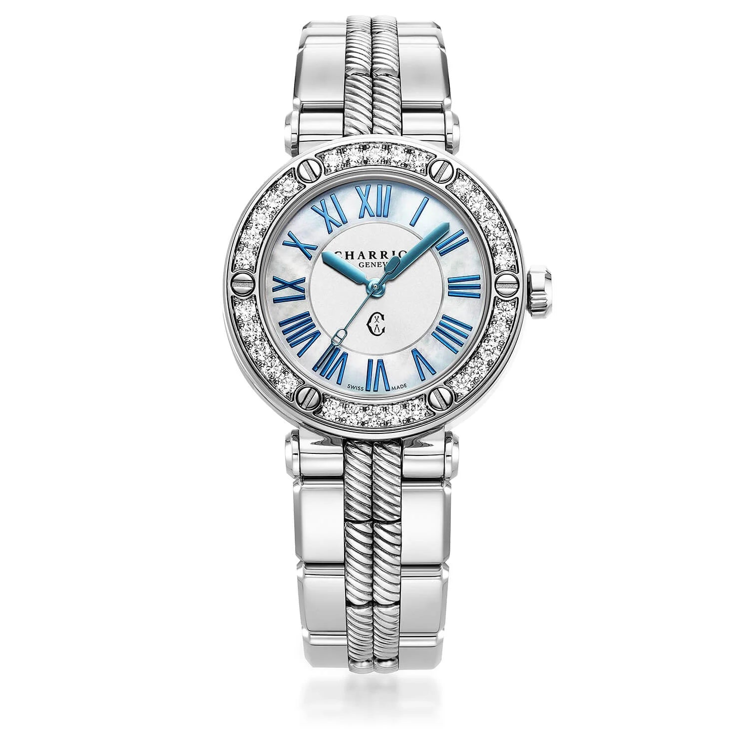 NAVIGATOR CRUISE, 36MM, QUARTZ CALIBRE, MOTHER-OF-PEARL DIAL WITH ROMAN NUMERAL, 30 DIAMONDS BEZEL, METAL INTERCHANGEABLE BRACELET - ©2025 Philippe Charriol International Ltd. -  Watch