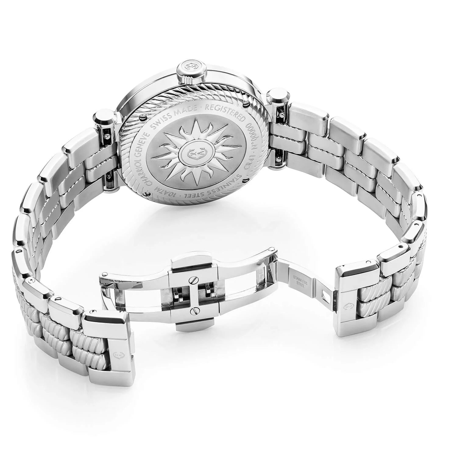 NAVIGATOR CRUISE, 41MM, QUARTZ CALIBRE, WHITE MOTHER-OF-PEARL WITH 12 ROMAN FIGURES DIAL, STEEL "CHARRIOL CHARRIOL" WITH 2 SCREWS BEZEL, METAL INTERCHANGEABLE BRACELET - © 2024 Charriol -  Watch