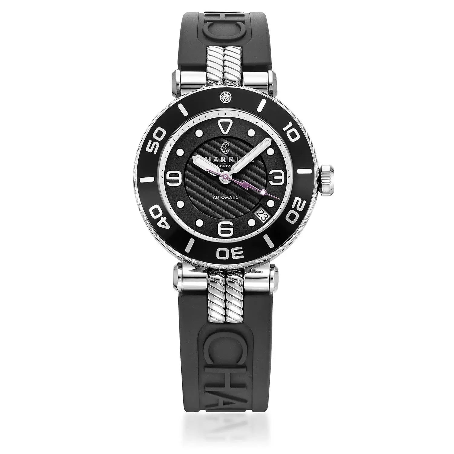 NAVIGATOR SURF, 36MM, AUTOMATIC CALIBRE, BLACK AND SILVER WITH LUMINOVA DIAL, BLACK UNIDIRECTIONAL BEZEL WITH 1 DIAMOND, BLACK RUBBER INTERCHANGEABLE BRACELET - ©2025 Philippe Charriol International Ltd. -  Watch