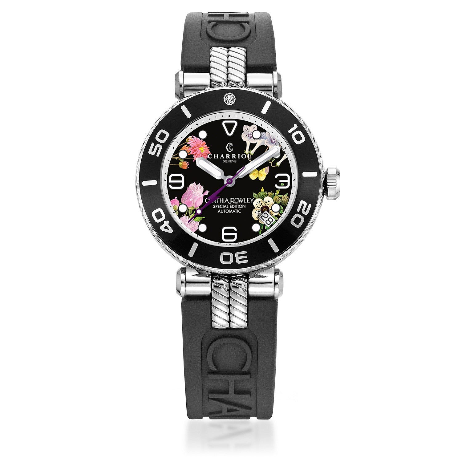 NAVIGATOR SURF, 36MM, AUTOMATIC CALIBRE, BLACK FLOWER DIAL, BLACK BEZEL WITH 1 DIAMOND, BLACK RUBBER INTERCHANGEABLE BRACELET - © 2024 Charriol -  Watch