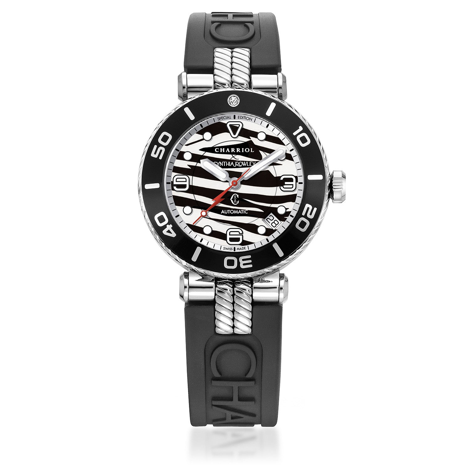 NAVIGATOR SURF, 36MM, AUTOMATIC CALIBRE, SHARK DIAL, BLACK WITH 1 DIAMOND BEZEL, BLACK RUBBER INTERCHANGEABLE BRACELET - © 2024 Charriol -  Watch