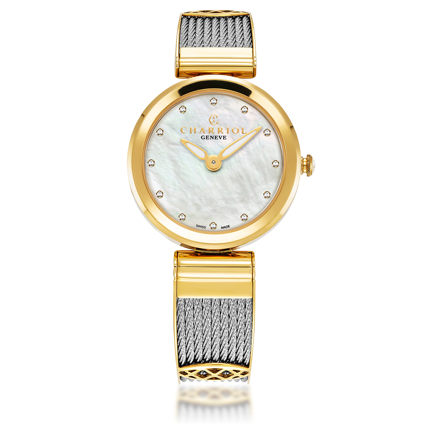 FOREVER, 32MM, QUARTZ CALIBRE, MOTHER-OF-PEARL WITH 12 SIMILIS DIAL, YELLOW GOLD PVD BEZEL, STEEL CABLE BRACELET & YELLOW GOLD PVD DECORS - Charriol Geneve -  Watch