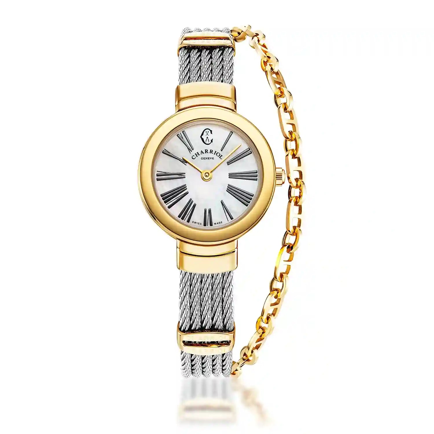 ST TROPEZ®, 25MM, QUARTZ CALIBRE, MOTHER-OF-PEARL DIAL, YELLOW GOLD PVD BEZEL, STEEL CABLE BRACELET - Charriol Geneve -  Watch