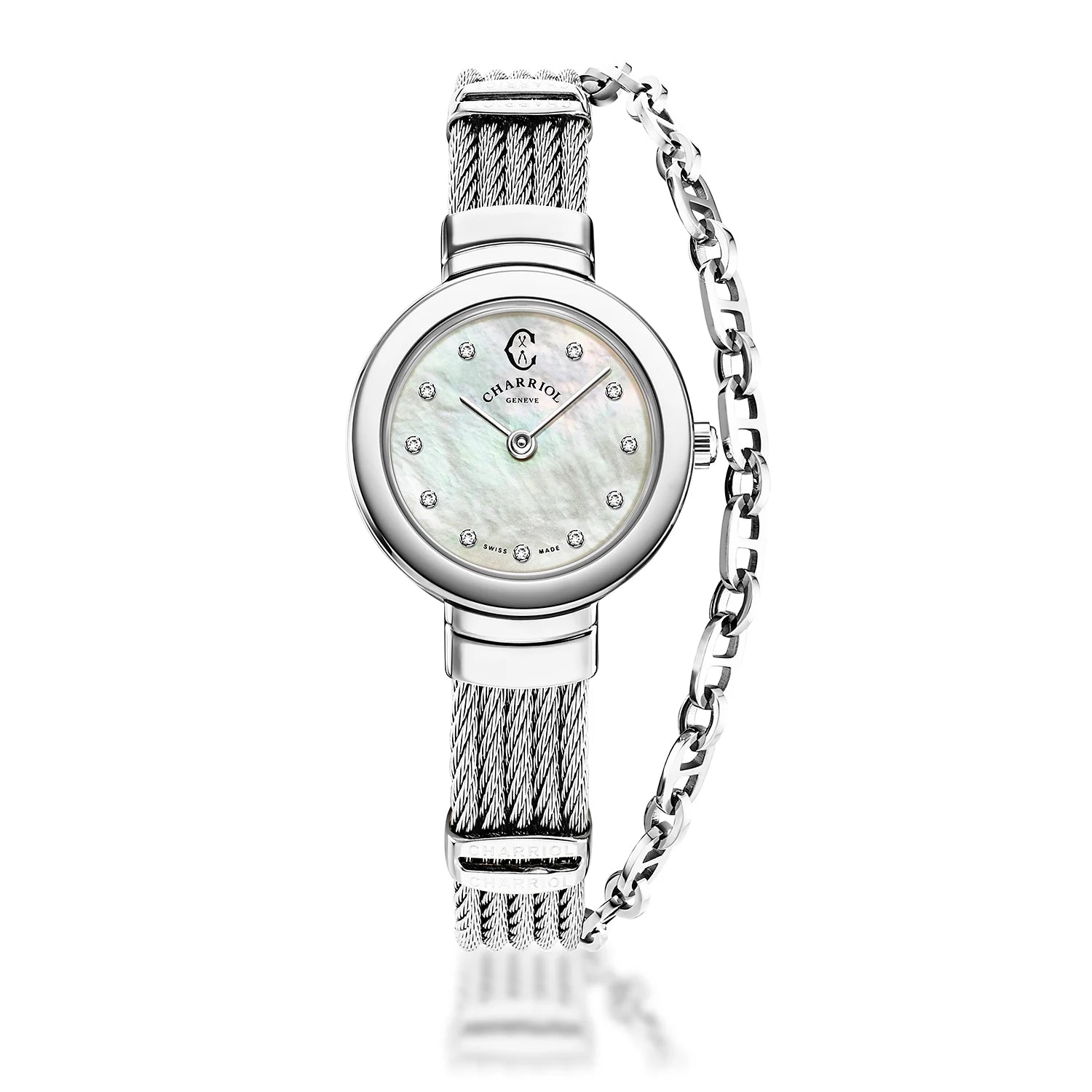 ST TROPEZ, 20MM, QUARTZ CALIBRE, MOTHER-OF-PEARL WITH 11 DIAMONDS DIAL, STEEL BEZEL, STEEL CABLE BRACELET - Charriol Geneve -  Watch