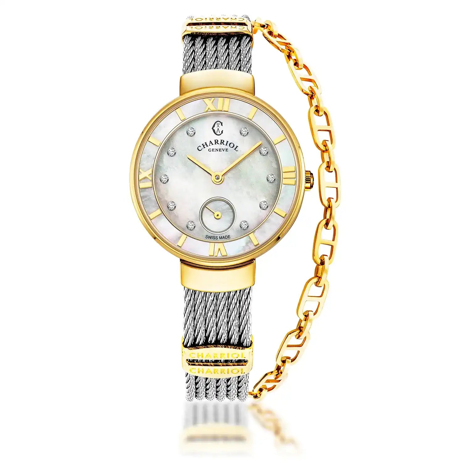 ST TROPEZ, 30MM, QUARTZ CALIBRE, MOTHER-OF-PEARL WITH 10 DIAMONDS DIAL, MOTHER-OF-PEARL BEZEL, STEEL CABLE BRACELET