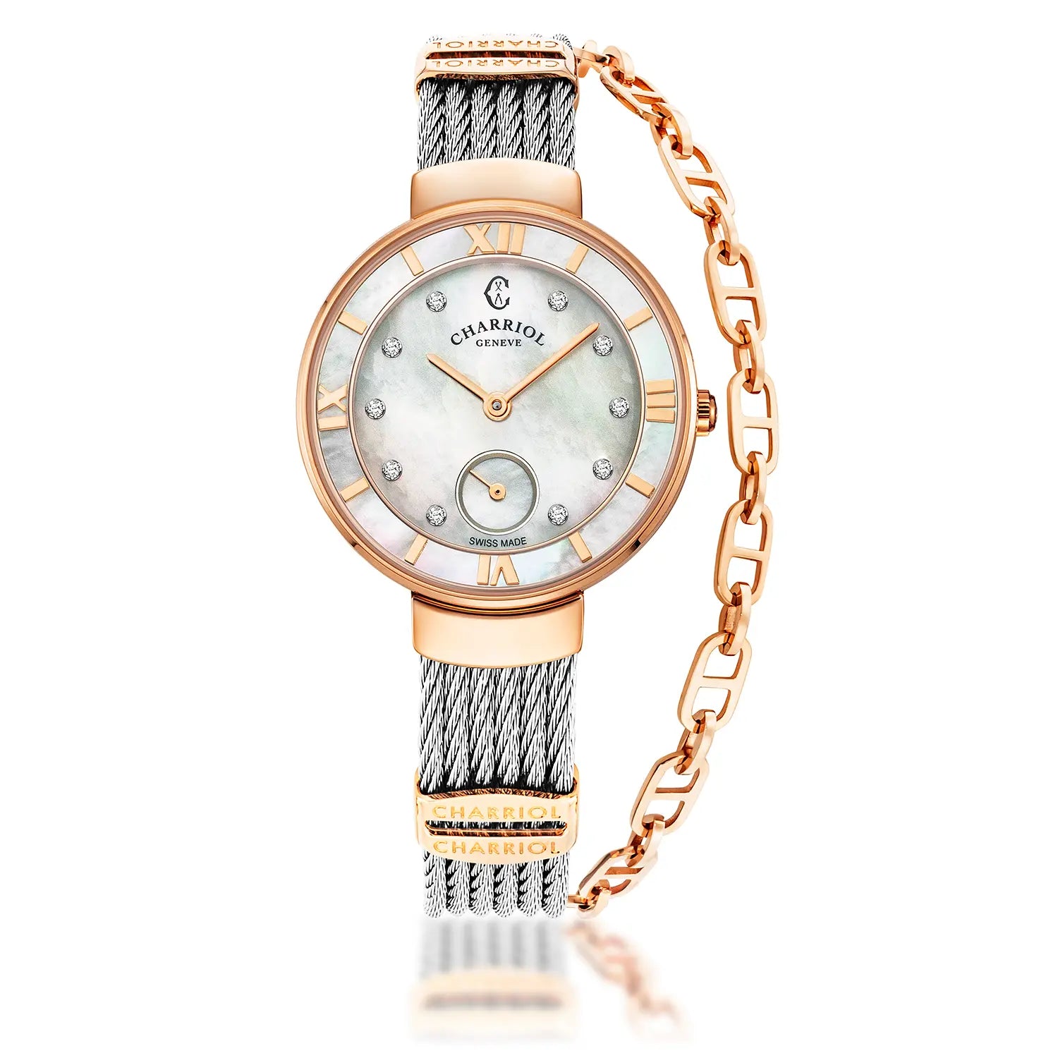 ST TROPEZ, 30MM, QUARTZ CALIBRE, MOTHER-OF-PEARL WITH 10 DIAMONDS DIAL, MOTHER-OF-PEARL BEZEL, STEEL CABLE BRACELET - Charriol Geneve -  Watch